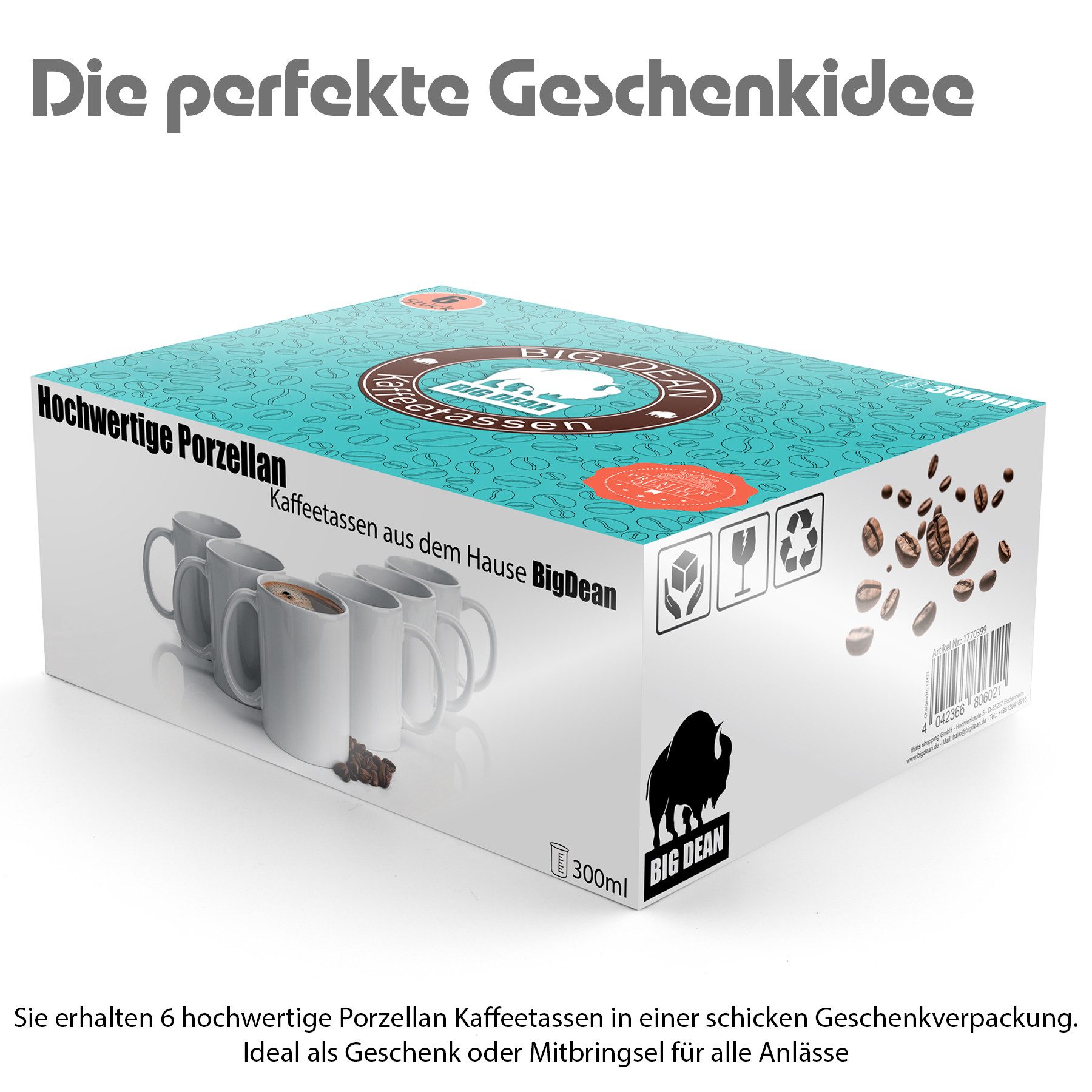 BigDean Tasse 6 Stück Kaffeebecher weiß 300ml – Kaffeetassen aus Porzellan, 6-tlg., Porzellan, Lebensmittelecht, Spülmaschinenfest, Kratzfest.