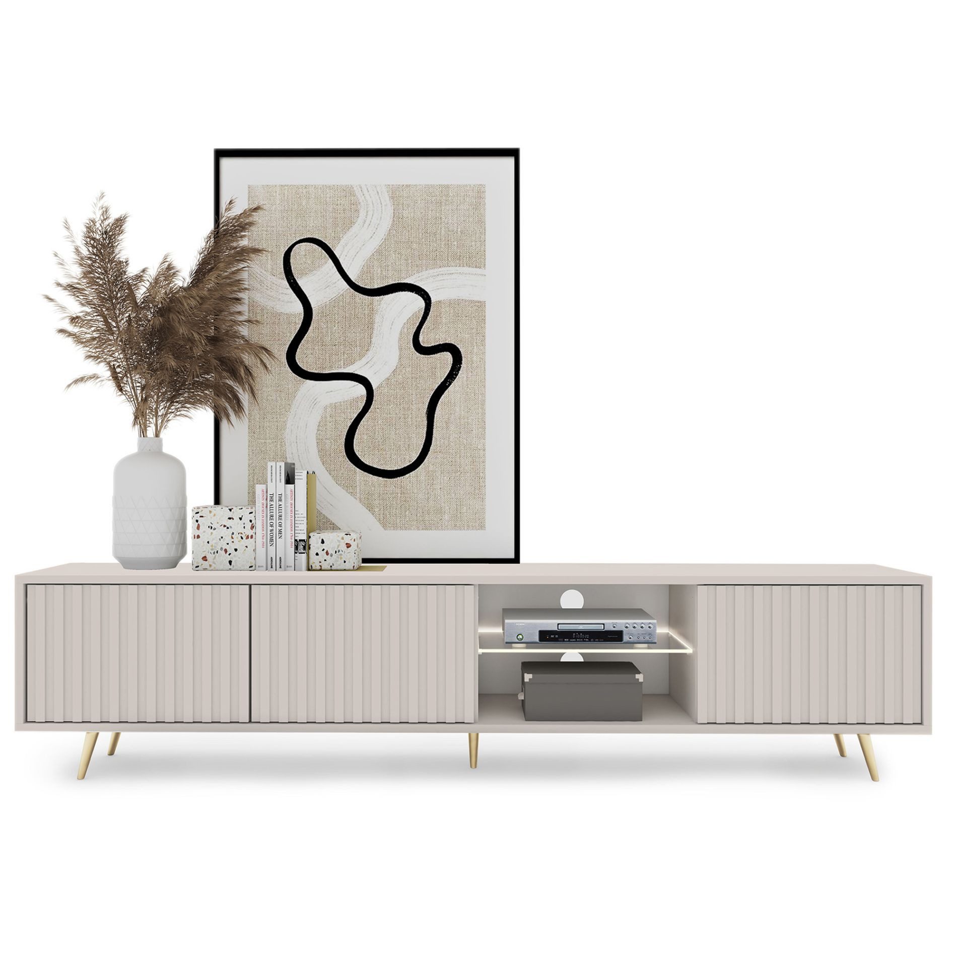 Selsey TV-Schrank BELLO mit goldenen Füßen, Lamellenfronten und LED, 175 cm