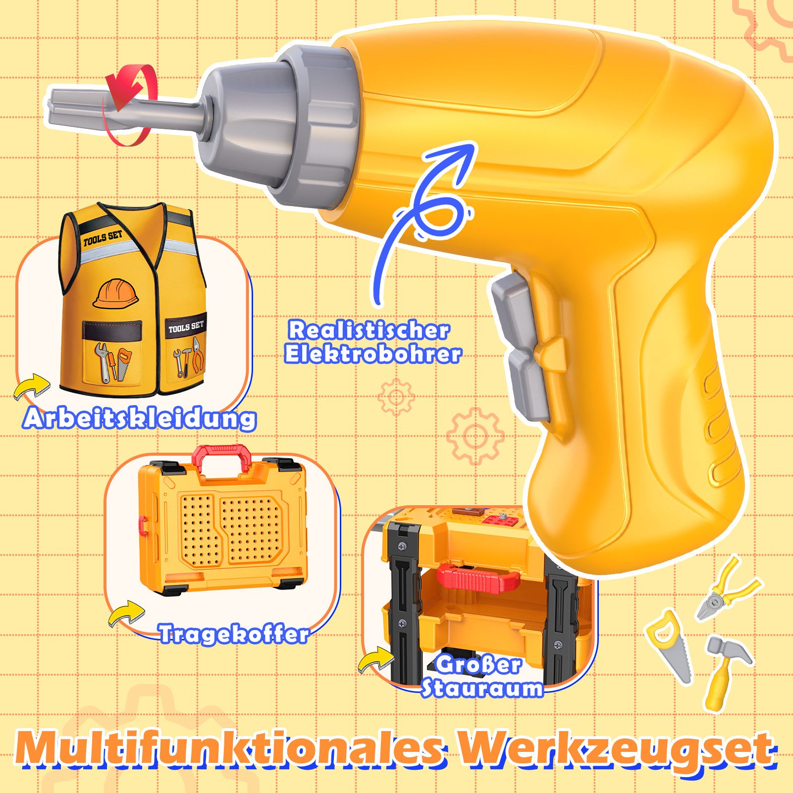 Wootoy Spielwerkzeugkoffer Spielwerkbank Kinder Werkzeugkoffer mit Arbeitskleidung Rollenspiel, (mit Elektrobohrer Hammer Schraubendreher Engländer Knarrenschlüssel, Zerlegbarer Bagger Großer Tragekoffer für ein Handwerker-Erlebnis), Perfekt als Geschenk für Jungen und Mädchen ab 3 Jahren