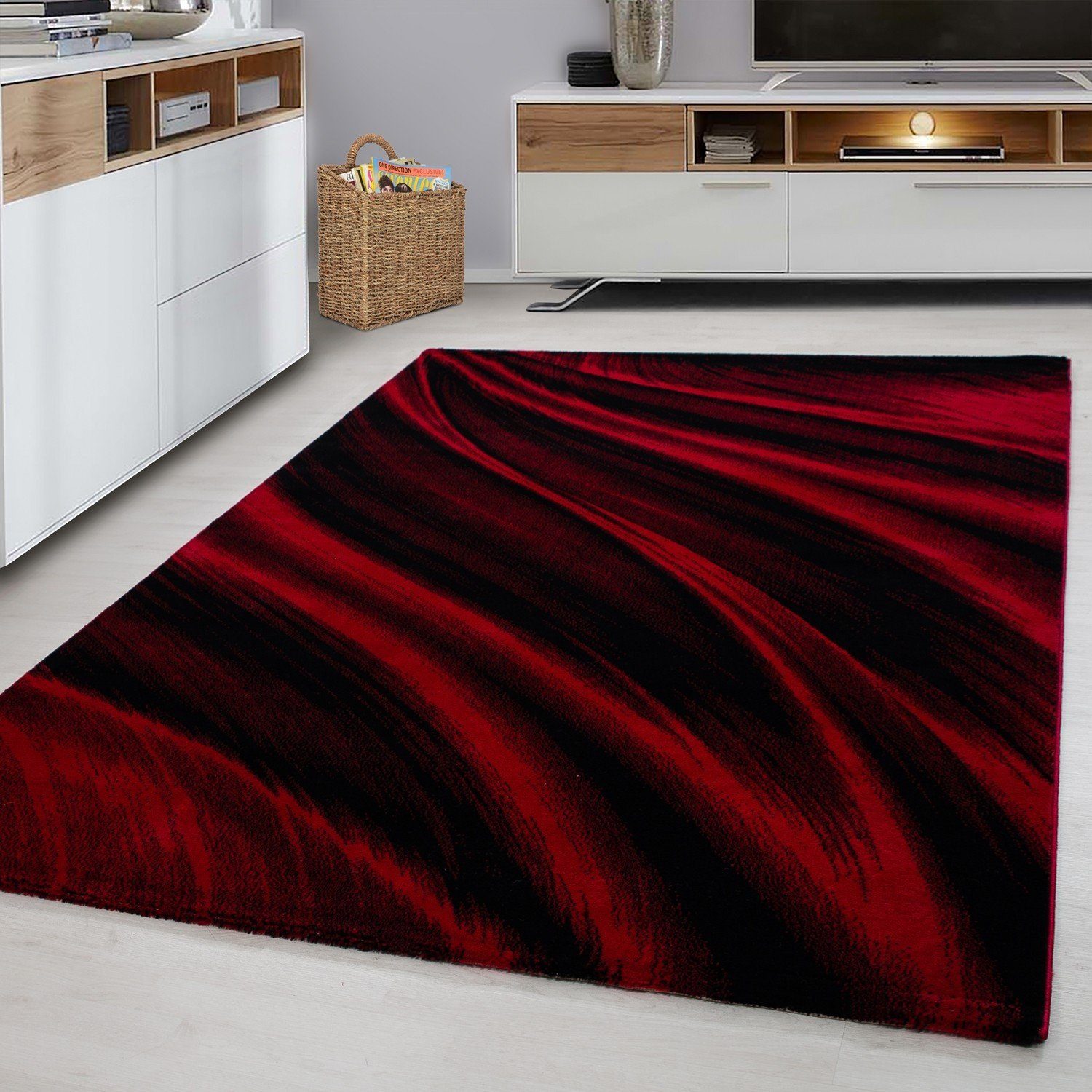 Flachflorteppich Rot modern deko, Wellenoptik Designteppich Miovani Kurzflorteppich