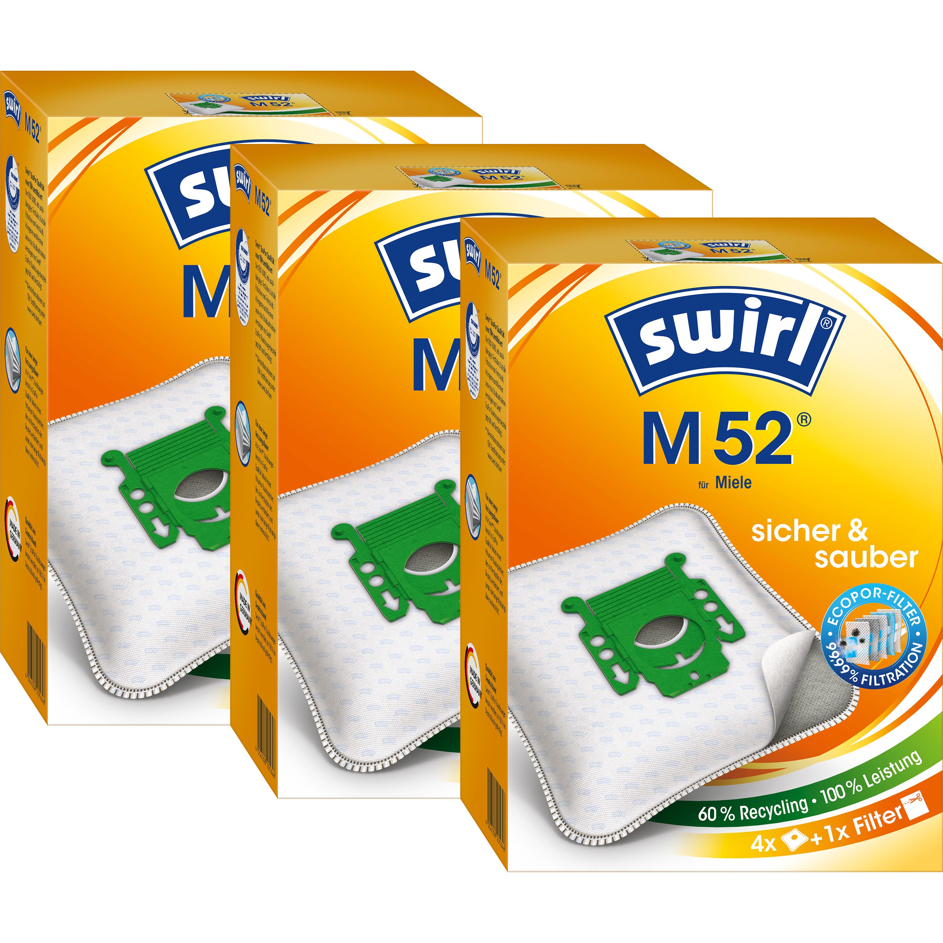 Swirl Staubsaugerbeutel M52 EcoPor® für Miele 3er-Pack 12 Beutel 3 Filter, passend für MIELE, 12 St.