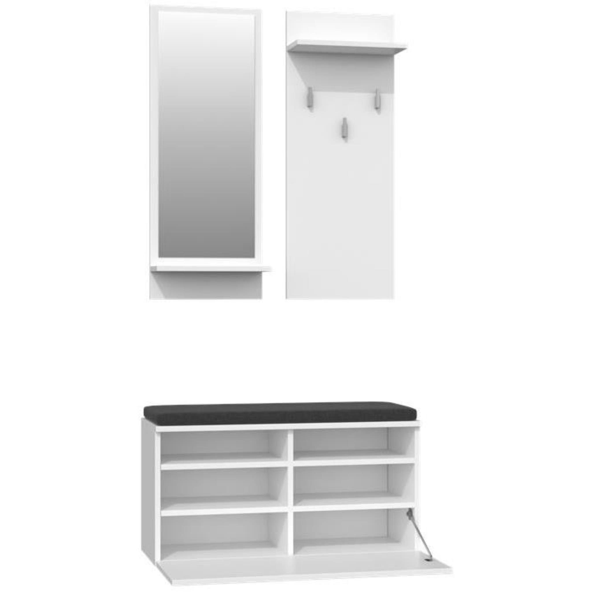 Kompaktgarderobe mit 6 mit Flurkommode Harmony Klaptür) (stilvoll Kleiderhaken, Weiß mit 3 Dielegarderobe, Fächer, Beautysofa Schuhschrank Spiegel Sitz,