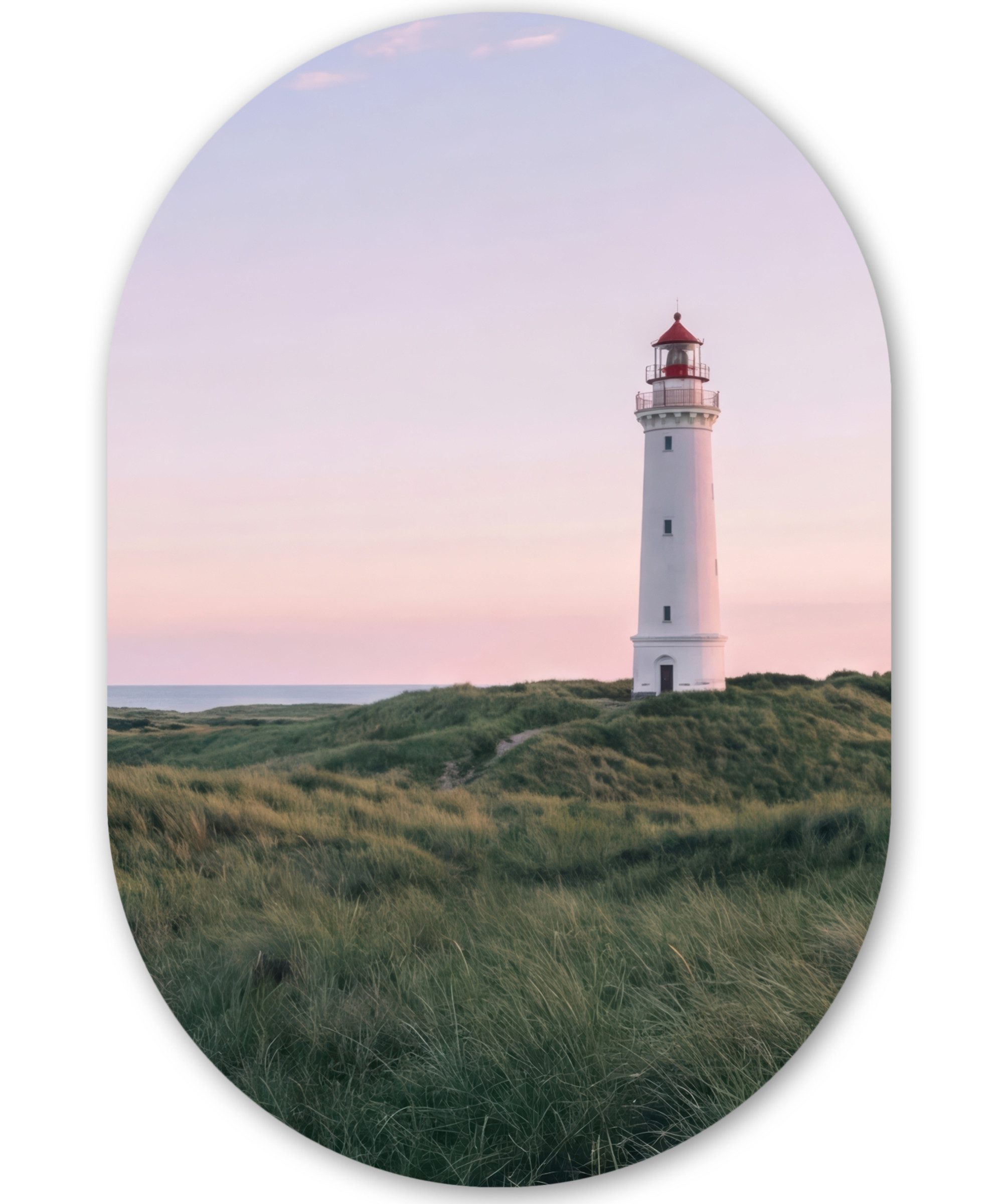 MuchoWow Gemälde Leuchtturm - Dünenlandschaft - Meer, Fotodruck (1 St), Wandbild Oval, Wohnzimmer oder Schlafzimmer Wanddekoration, 40x60 cm
