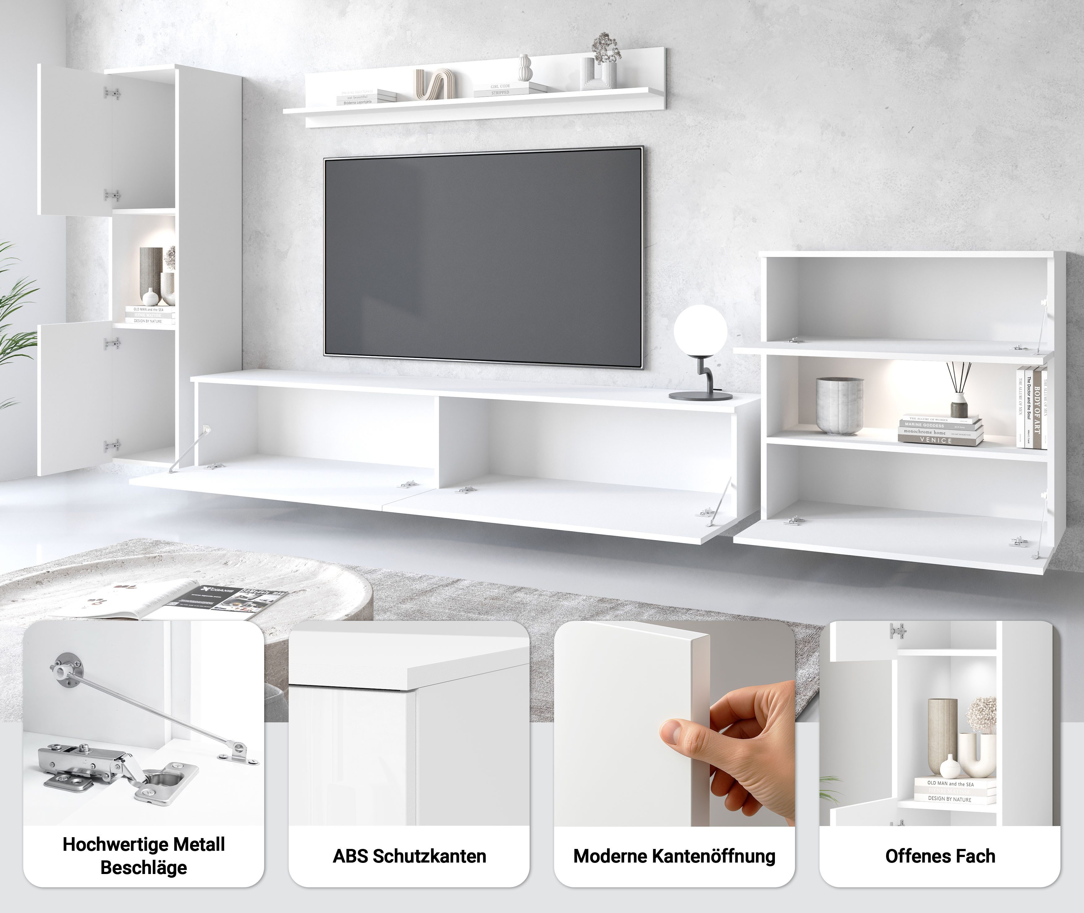 OTTO home Wohnwand PARIS, Vitrine Türanschlag links/rechts wechselbar, (Komplett-Set, 4-St), grifflose Design, stehend und hängend montierbar
