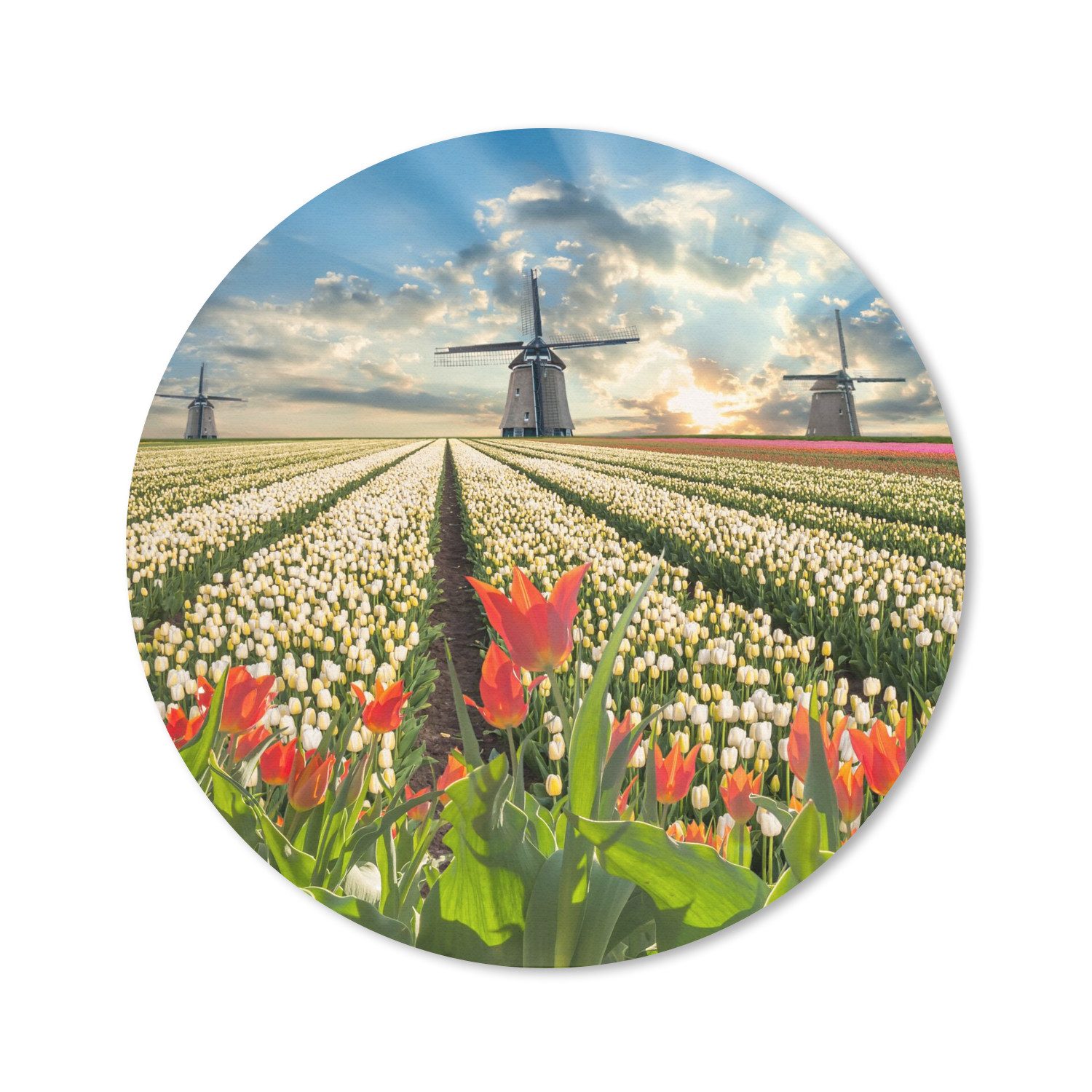 MuchoWow Mauspad Windmühle - Tulpen - Himmel - Natur (1-St), Büro für Tastatur und Maus, Mousepad Gaming, Rund 20x20 cm