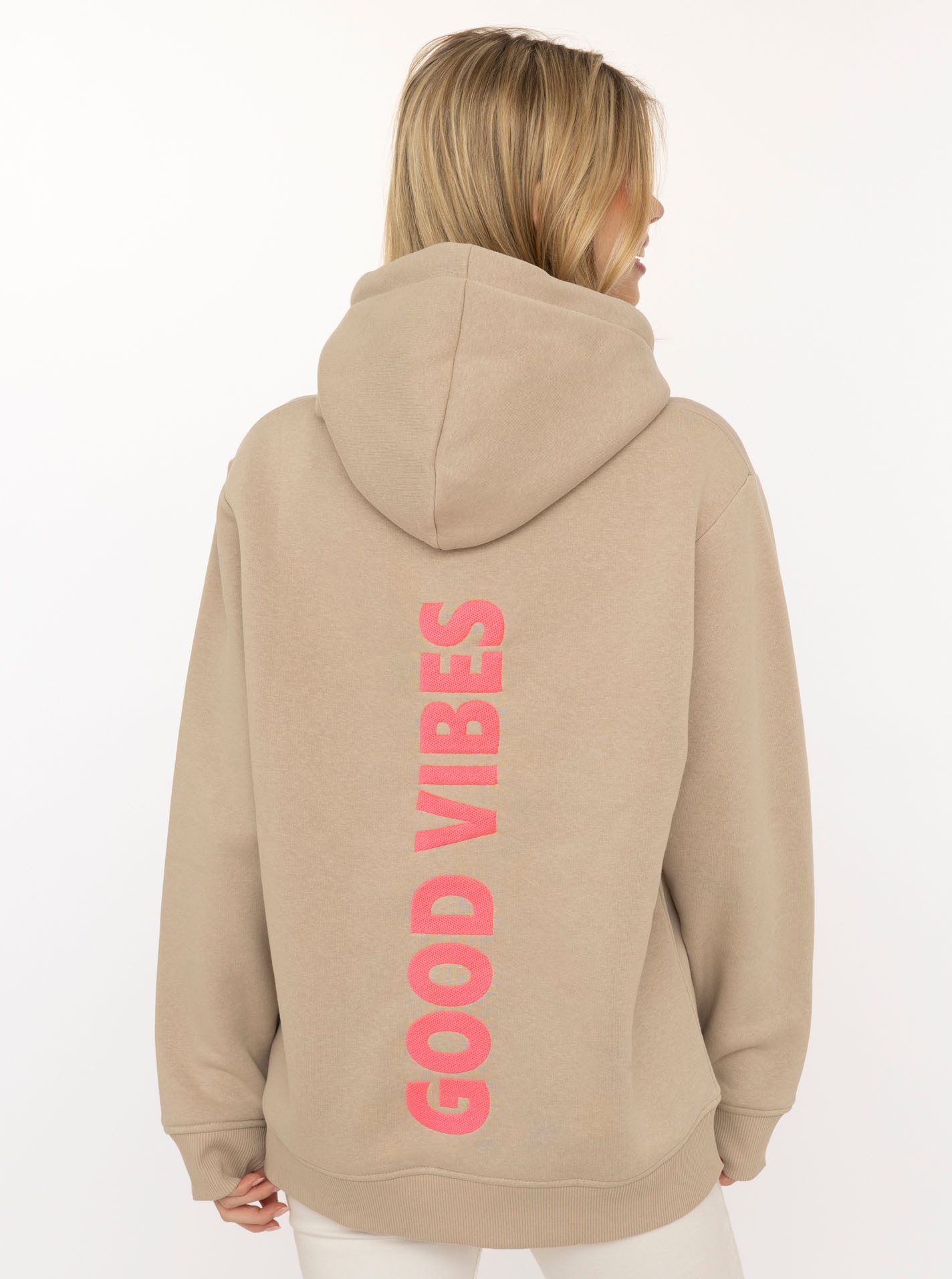 Zwillingsherz Hoodie "Good Vibes" gestickter Schriftzug, Kapuze, Langarm, Kängurutasche, Kordelzug