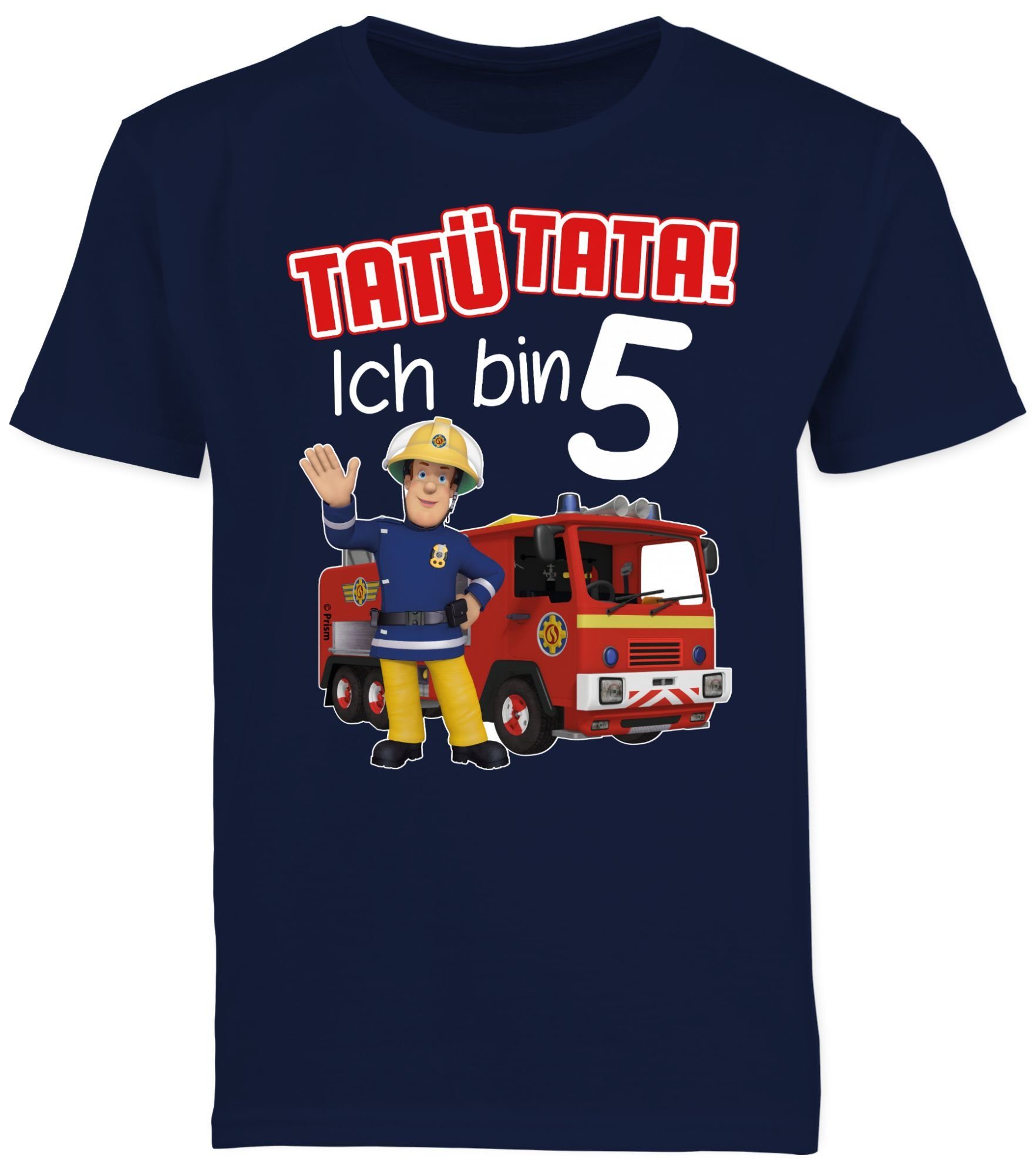 02 Sam Jungen Tata! 5 bin - Feuerwehrmann T-Shirt Ich rot Dunkelblau Tatü Shirtracer