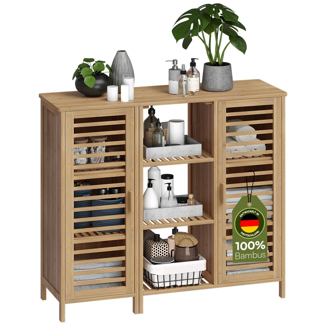 Bellamio Hochschrank Newa aus Bambus, Badezimmerschrank mit Ablage, lackiert (9 Fächer) Badezimmerschrank 100×33×87cm, verfügbar in verschiedenen Ausführungen