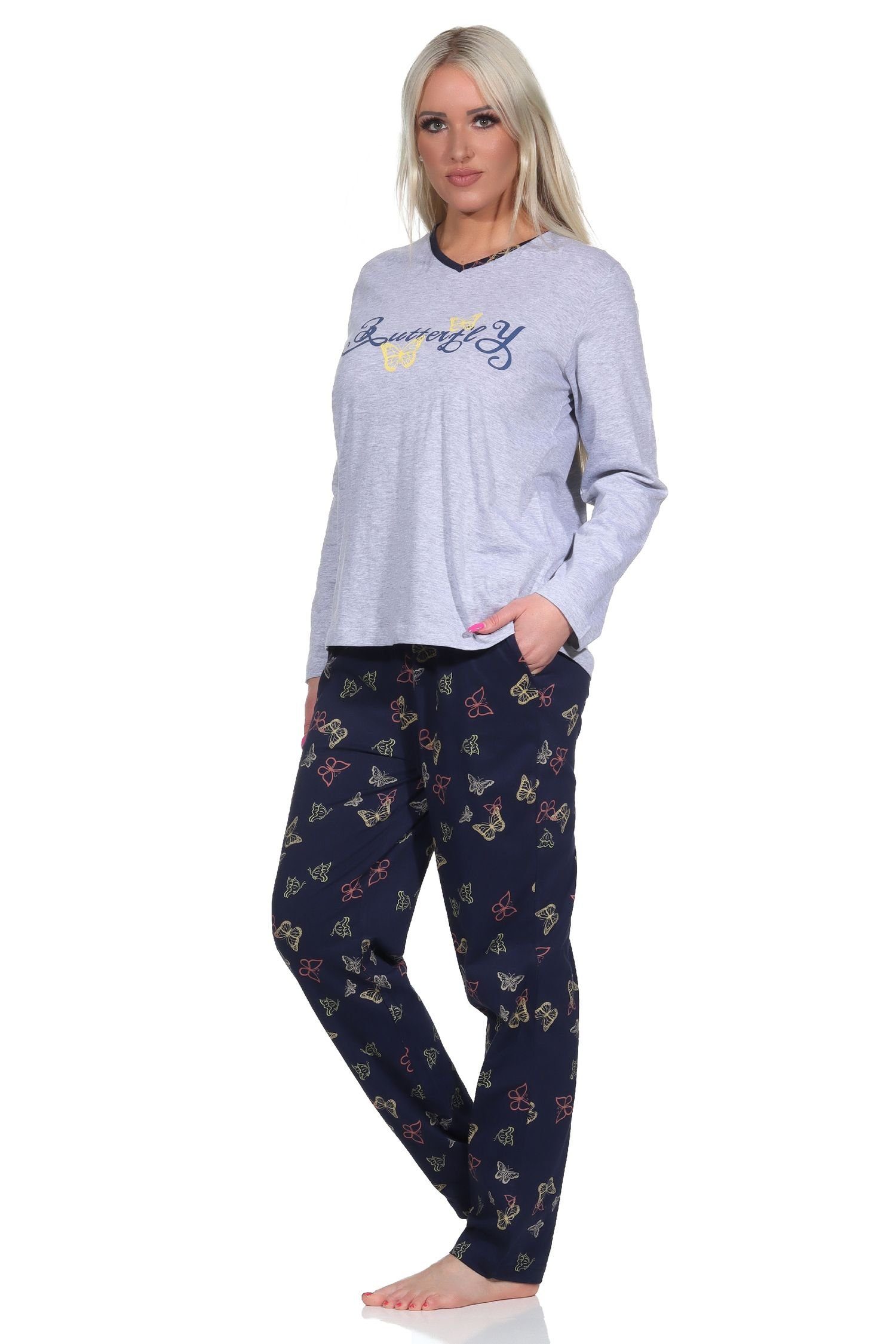 grau-melange Schmetterling als langarm Damen Motiv Pyjama Normann Schlafanzug mit