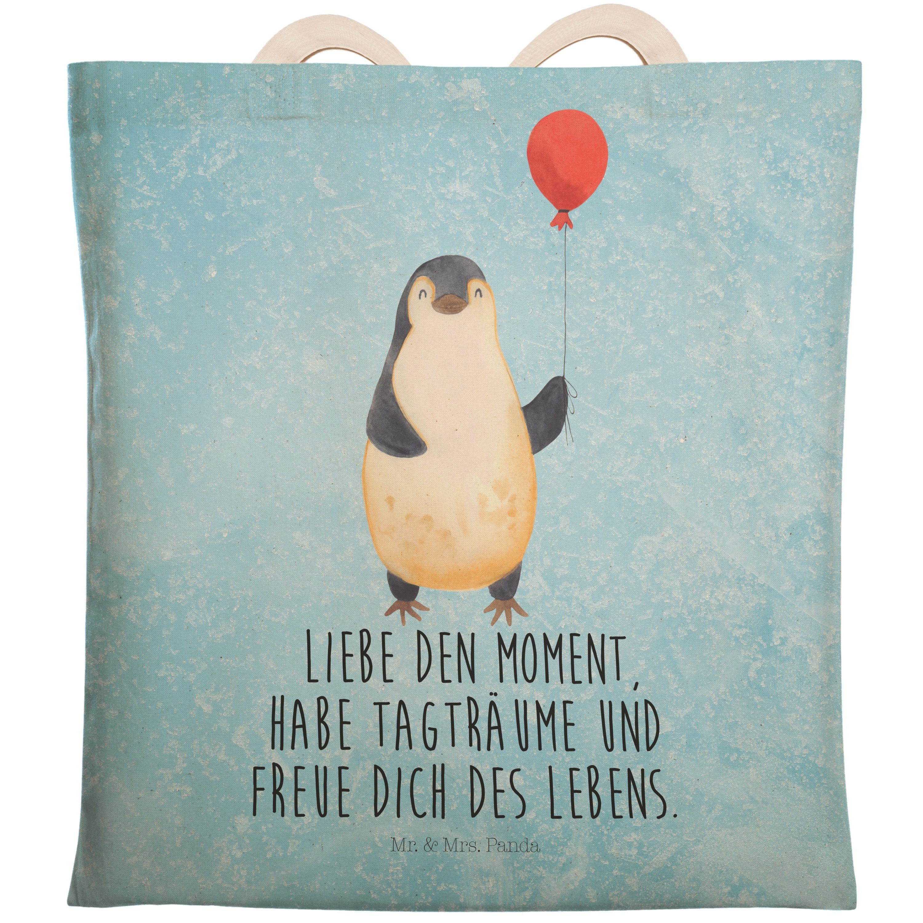Mr. & Mrs. Panda Tragetasche Pinguin Luftballon - Eisblau - Geschenk, Lebenslust, beste Freundin, (1-tlg), Nachhaltig & Liebevoll