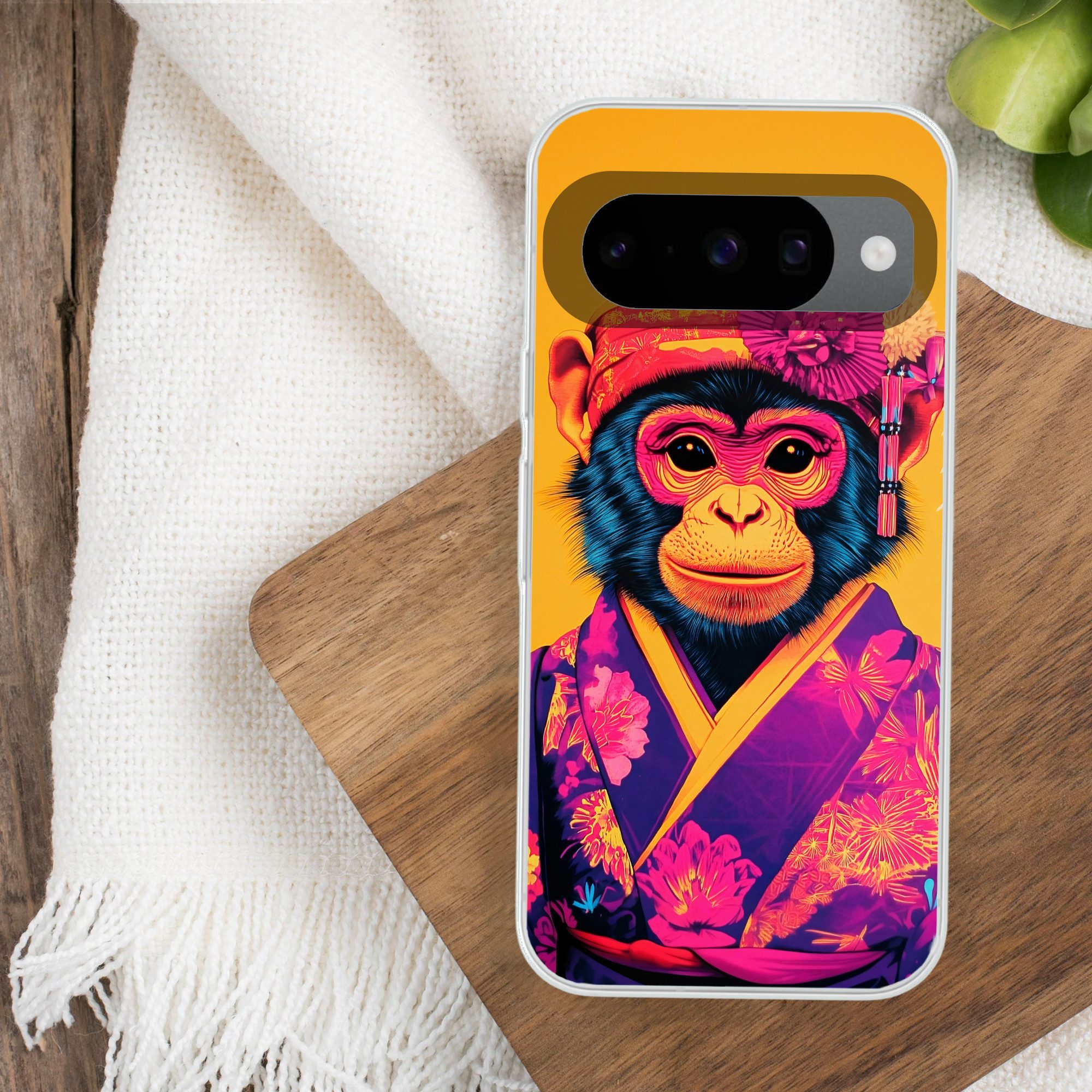 MuchoWow Handyhülle für Google Pixel 10 Pro Affe - Kimono - Blumen - Kopfschmuck, Handy Case, Silikon, Bumper Case Dünn