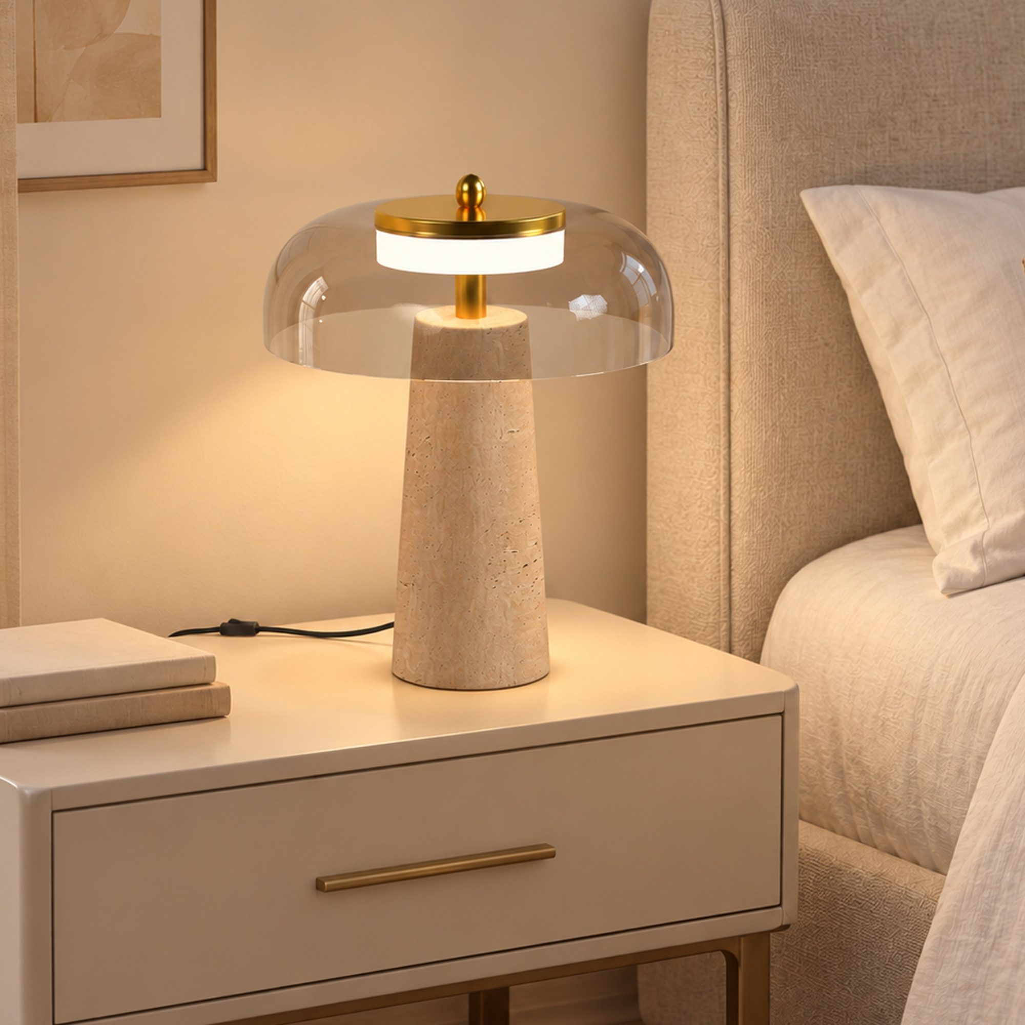 HOMCOM Tischleuchte Tischlampe mit Glasschirm, Vintage-Optik, für Wohnzimmer, Ein-,Ausschalter, LED fest integriert, Warmweiß, LED fest integriert mit Travertinfuß