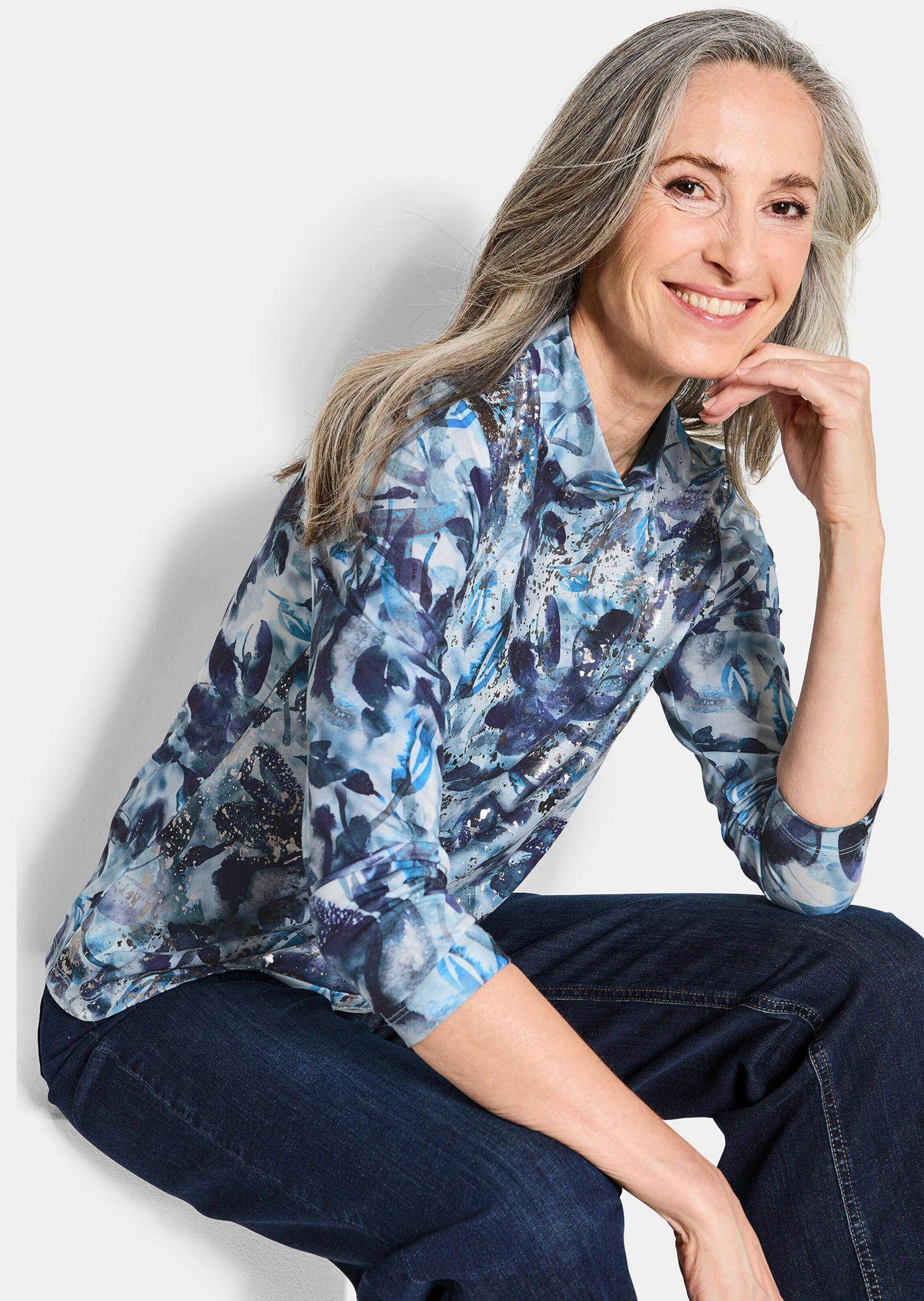 GOLDNER Print-Shirt Langarm Jersey-Shirt mit Allover-Druck Druckshirt mit Stehbundkragen und Langarm