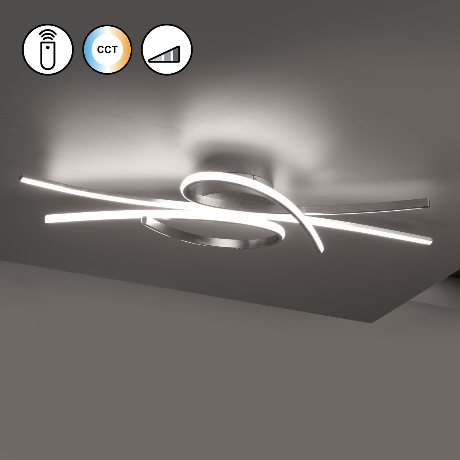FISCHER & HONSEL LED Deckenleuchte BIBA, B 100 cm, 1-flammig, Nickelfarben, Metall, Anpassung der Farbtemperatur, Dimmfunktion, LED fest integriert, Extra-Warmweiß, Neutralweiß, Tageslichtweiß, mit Fernbedienung