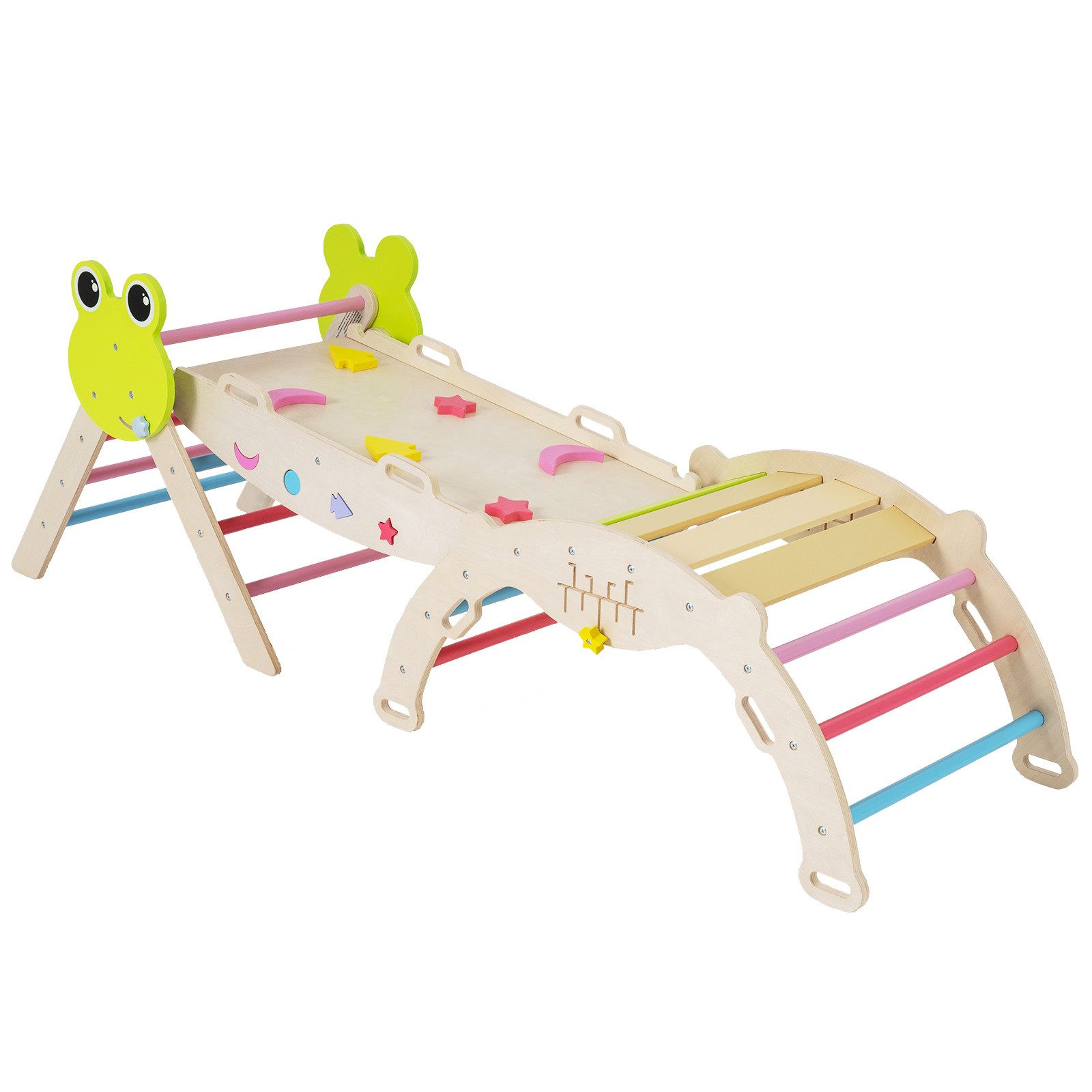COSTWAY Klettergerüst, 7-in-1 Dreieck-Set mit Leiter & Bogen, Frosch-Themen