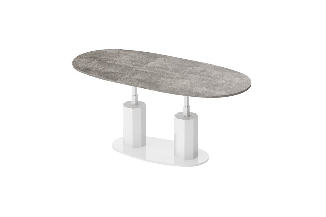 designimpex Couchtisch Design Couchtisch HBL-111 stufenlos höhenverstellbar ausziehbar oval Beton / Weiß Hochglanz | Couchtische