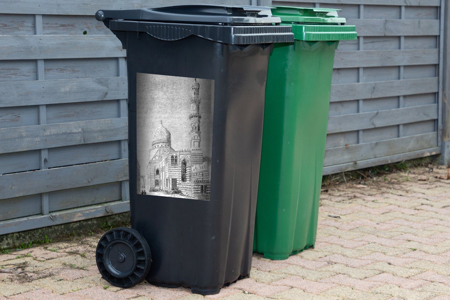 Wandsticker Sticker, St), in MuchoWow Container, Kairo Schwarz-Weiß-Abbildung (1 Mülltonne, Emir Qurqumas-Komplexes Abfalbehälter des Mülleimer-aufkleber,