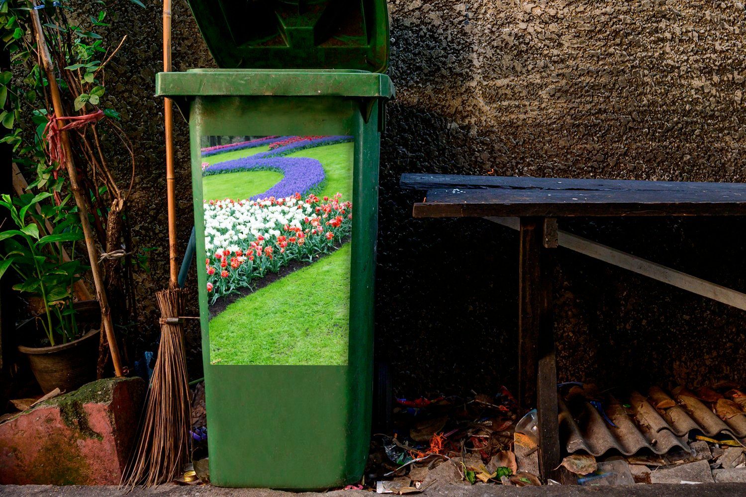 Mülleimer-aufkleber, Blumenbeete (1 Mülltonne, Container, Sticker, auf MuchoWow Abfalbehälter Wandsticker Südholland dem in Keukenhof St),