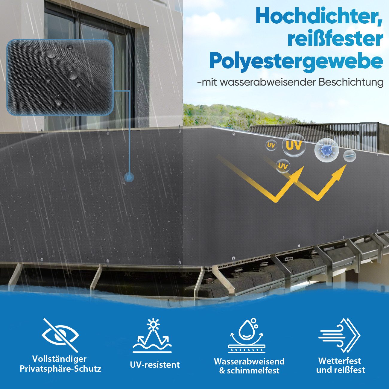 Sekey Balkonsichtschutz PES Wetterfest Sichtschutz Balkon Terrasse Balkonbespannung Windschutz Sonnenschutz ohne Bohren, mit Kabelbinder und Kordel, Anthrazit