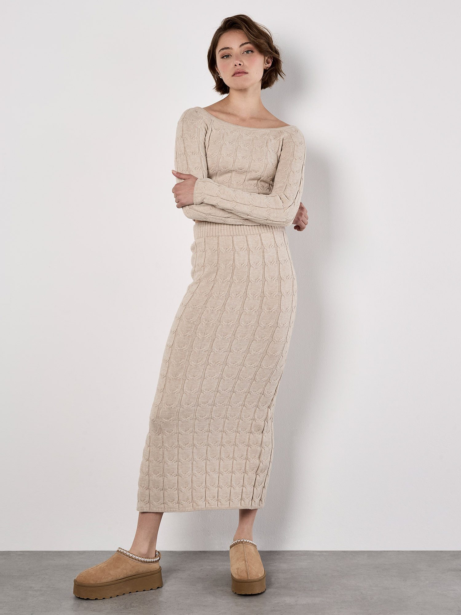 Apricot Strickpullover Cropped Pullover mit Zopfmuster