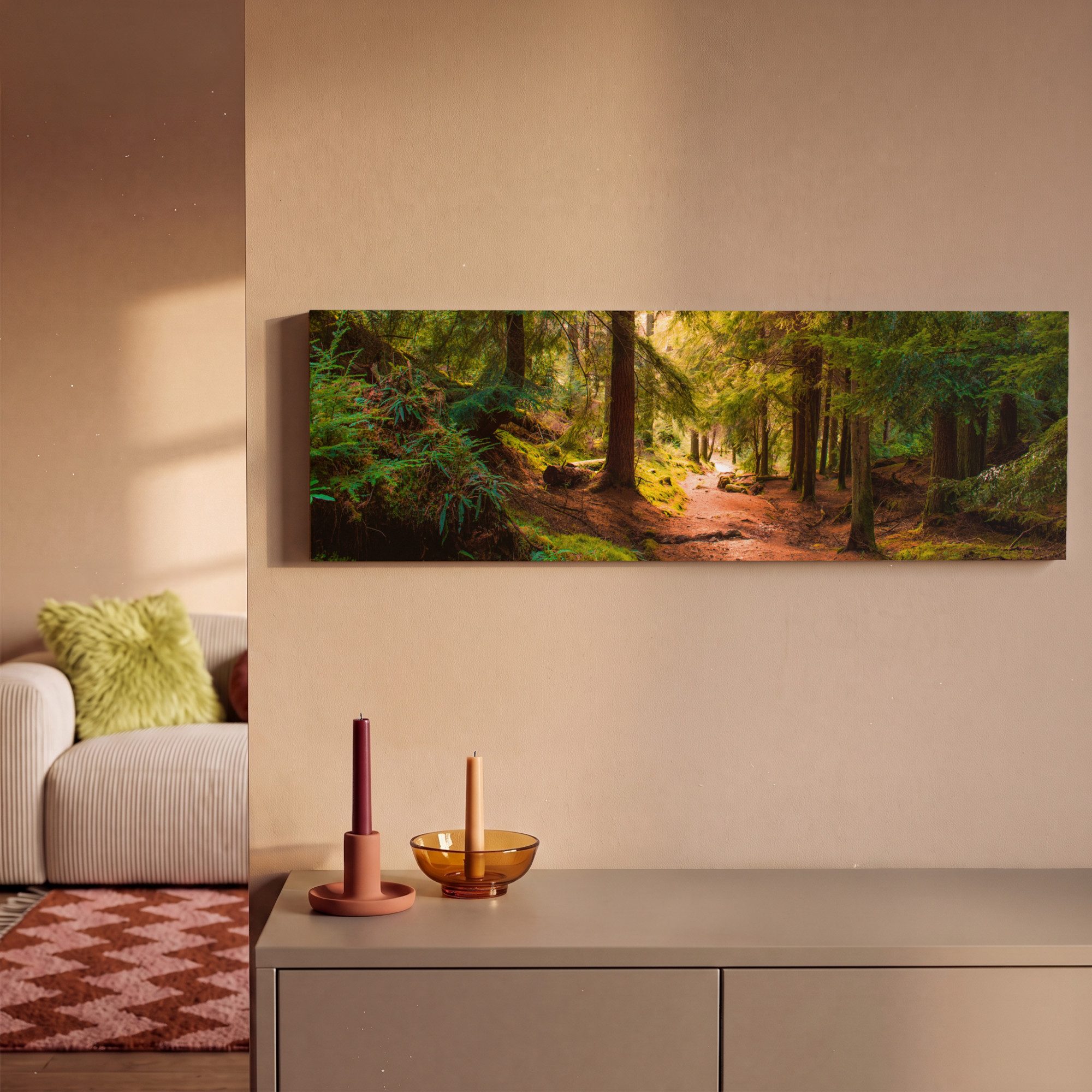 OneMillionCanvasses® Leinwandbild Panorama Wald - Weg - Bäume - Grün - Sonne - Natur, Fotodruck (1 St), Wandbild, Deko Schlafzimmer Wohnzimmer Flur 60x20 cm – Bild 2 von 5