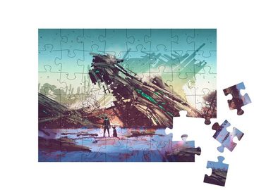 puzzleYOU Puzzle Das abgestürzte Raumschiff im blauen Feld, 48 Puzzleteile, puzzleYOU-Kollektionen Illustrationen