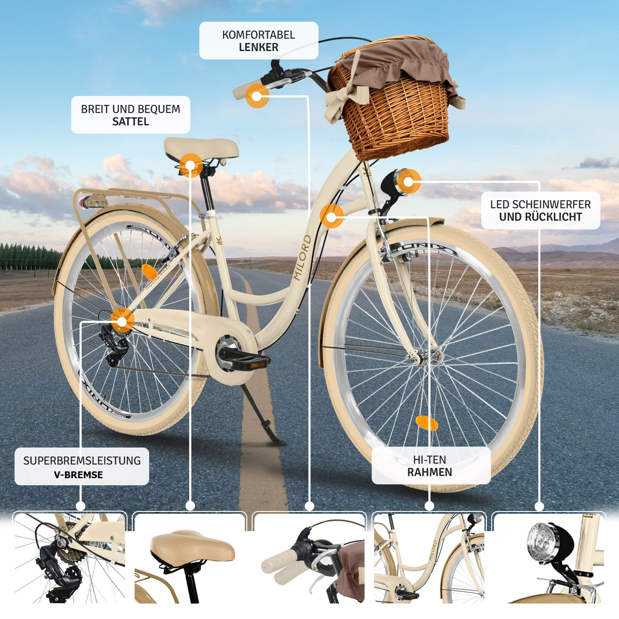 Milord Cityrad Milord City Fahrrad Weidenkorb Damen, 28/26 Zoll, Creme-Braun, 7-Gang, 7 Gang, (Fahrradständer, Gepäckträger, Klingel, Korb, Kotflügel)