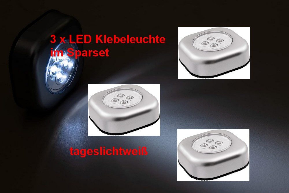 DIW LED-Leuchtmittel 3er Set LED Klebeleuchte LK4 mit Klebefolie, 70x70x24mm, silber, Kleben, Schrauben, 3 St., tageslichtweiß, 0,2W, tageslichtweiß, 6400K