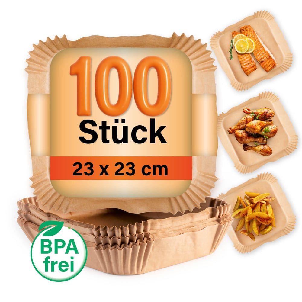 GOURMETmaxx Backpapier Backpapierschalen für Heißluftfritteusen (5–8 l) - 100 Stück, Airfryer Backpapier – flexible Form, 23 x 23 x 4,5 cm