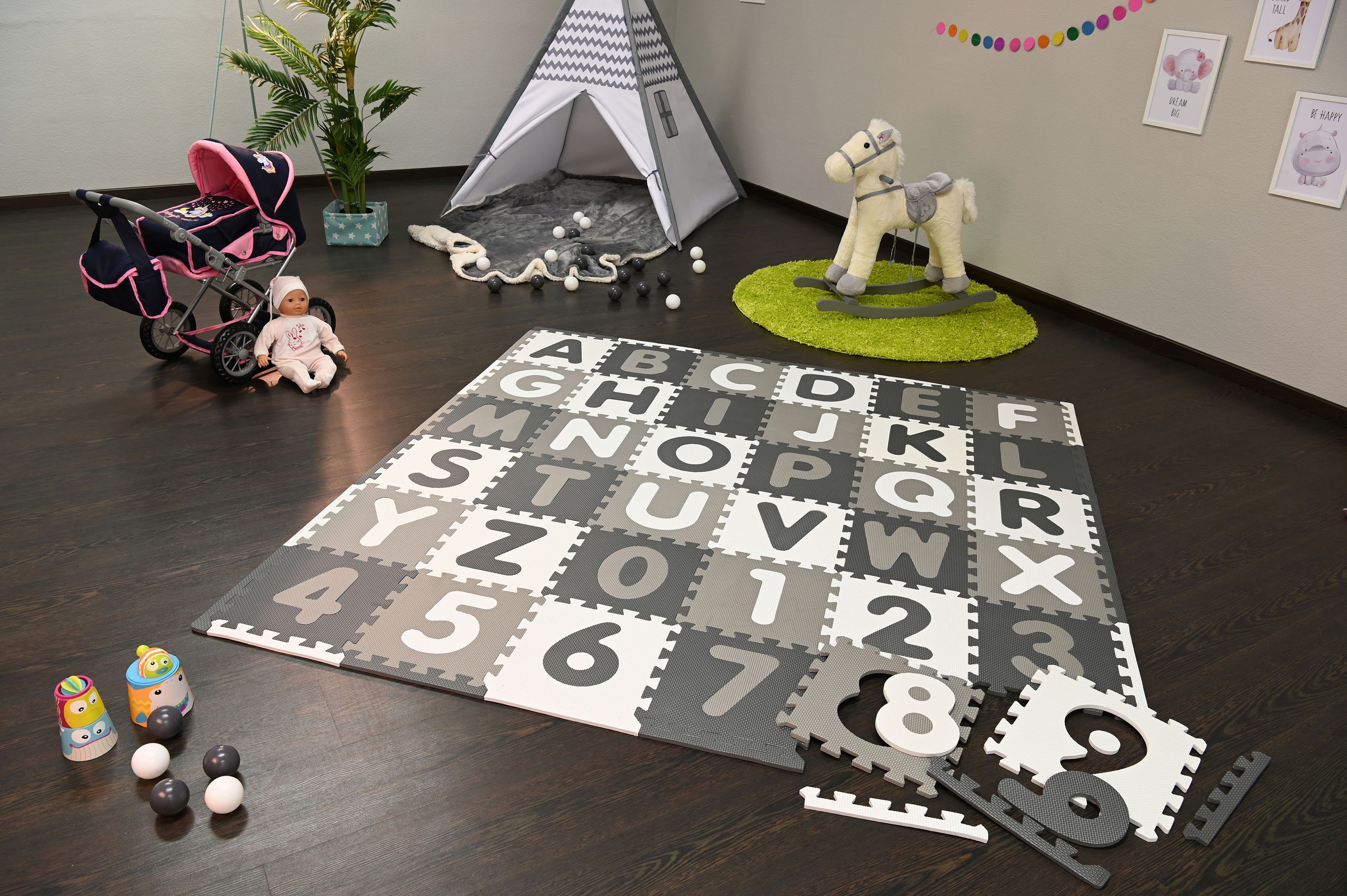 Knorrtoys® Puzzle Alphabet + Bodenpuzzle grau-weiß, Zahlen, Puzzlematte, Puzzleteile