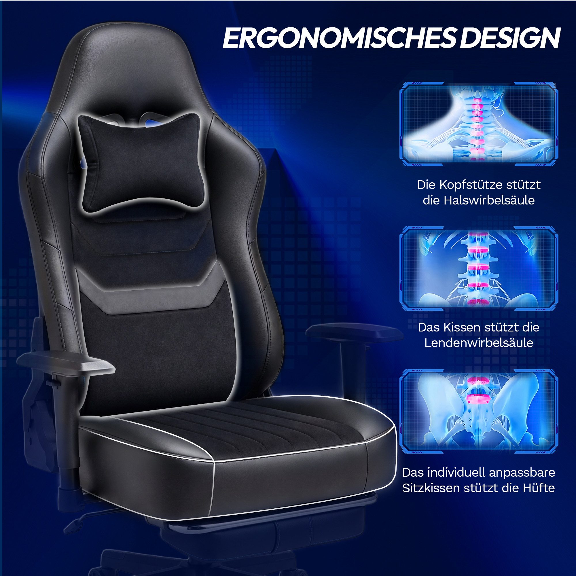 HOMALL Gaming-Stuhl mit Federkern,Komfort für Büro & Gaming,90-165° Rückenlehne,bis 180 kg, gaming stuhl mit Fußstütze,breites & dickes Sitzpolster – Bild 5 von 5