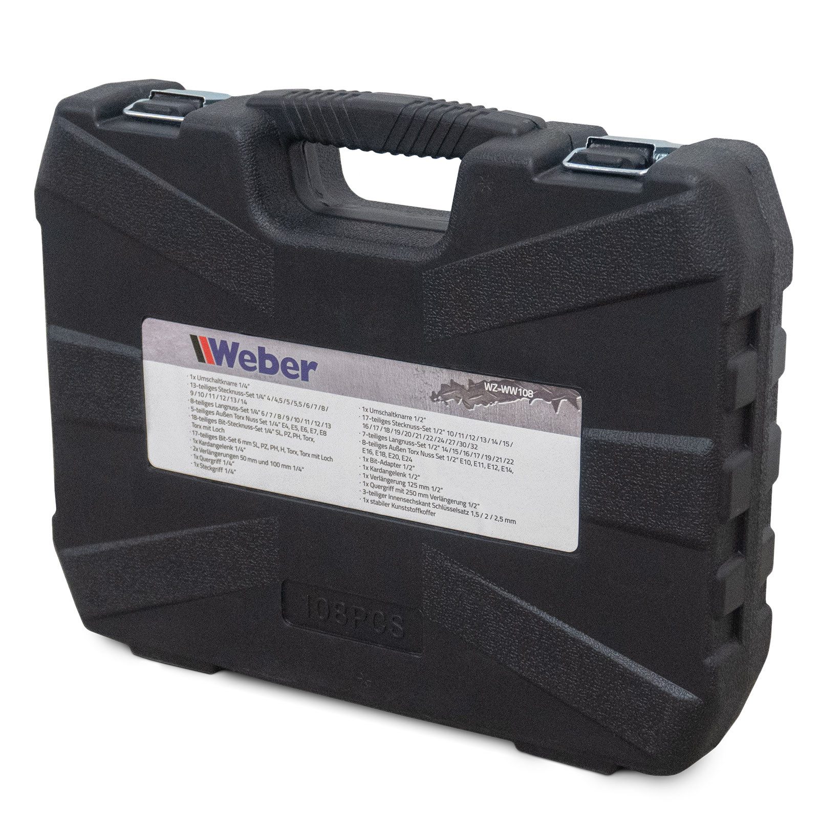 Weber GmbH Steckschlüssel Werkzeugkoffer 108-teilig Steckschlüsselsatz robust & kompakt (Set, 108 St), schwarzer Kunststoffkoffer, Werkzeug für den täglichen Gebrauch