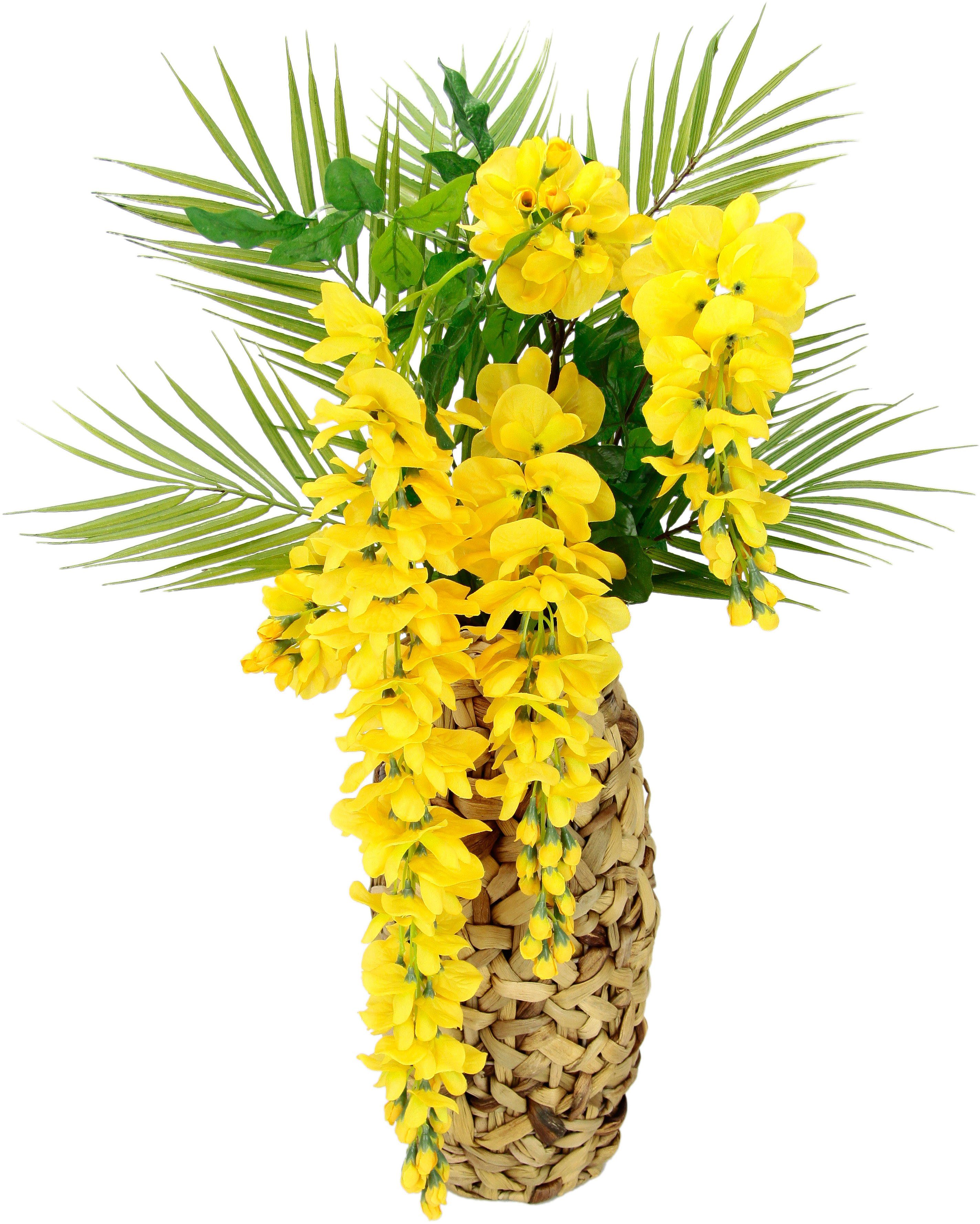 Kunstblume »Blumenarrangement Goldregen mit Palmenzweige«, I.GE.A., Höhe 70  cm, Vase aus Wasserhyazinthe online kaufen | OTTO