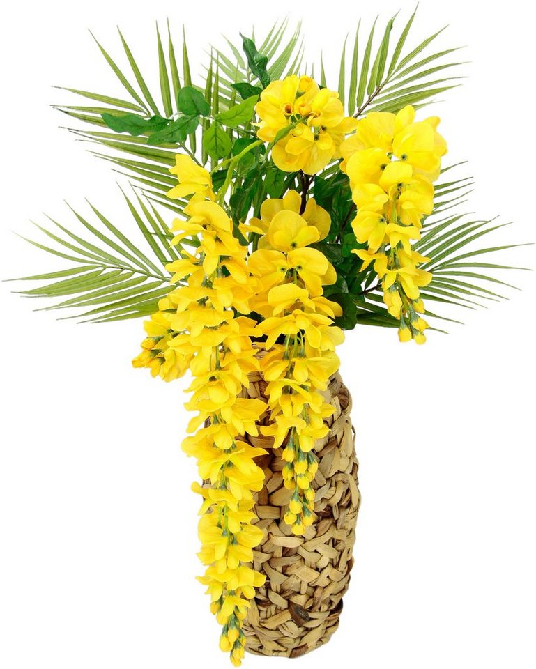 Kunstblume Blumenarrangement Goldregen mit Palmenzweige, I.GE.A., Höhe 70 cm,  Vase aus Wasserhyazinthe