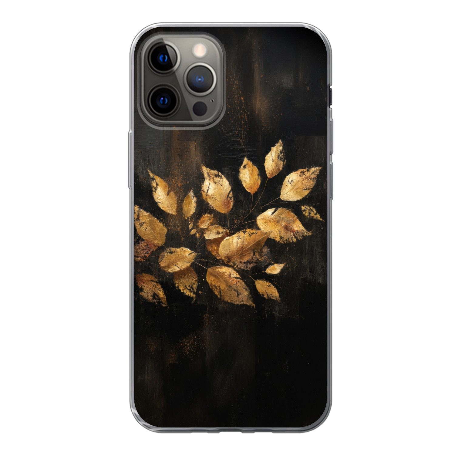 MuchoWow Handyhülle für Apple iPhone 12 Pro Goldene Blätter auf dunklem Hintergrund, Smartphone-Bumper, Print, Handy Schutzhülle Dünn