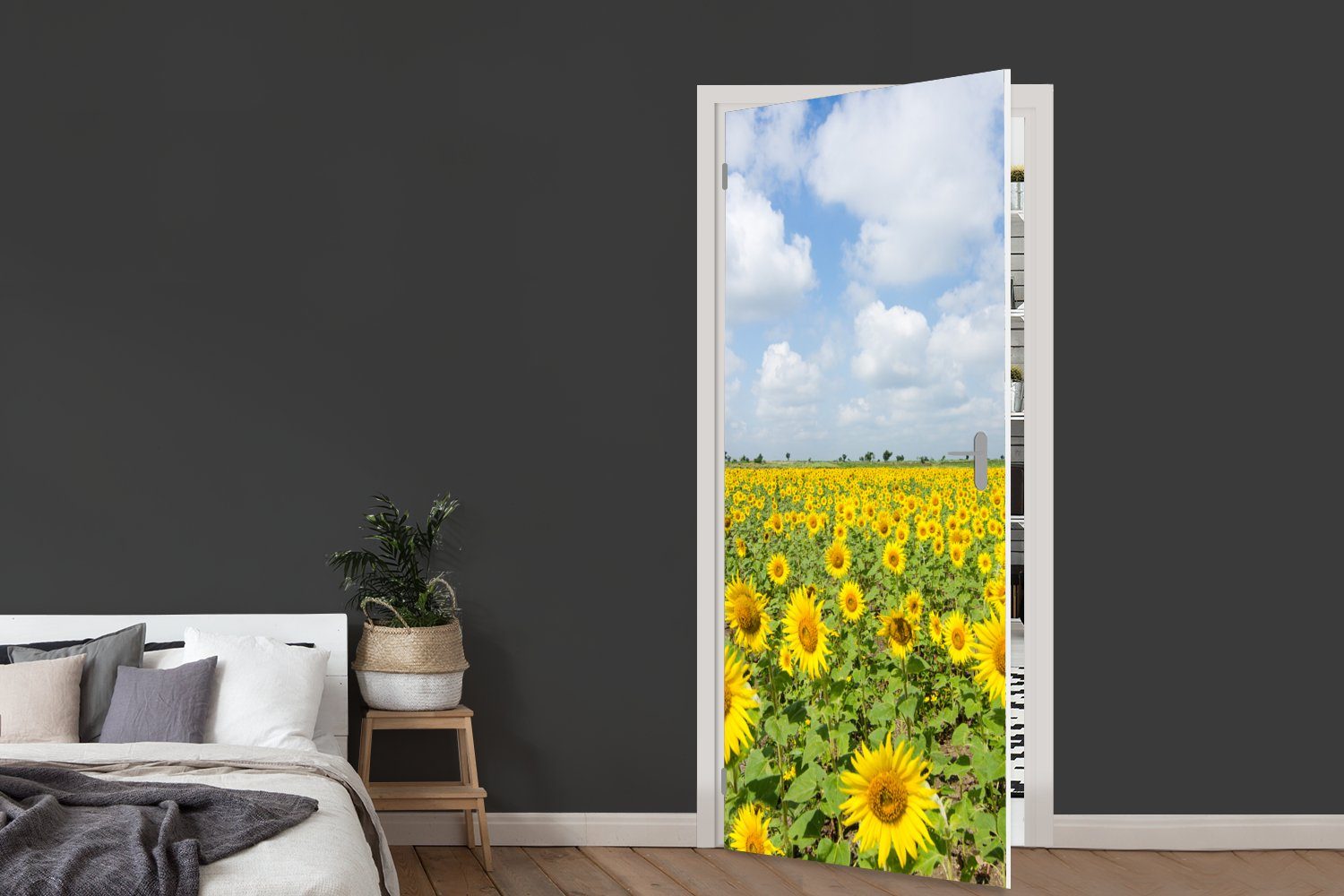 MuchoWow Türtapete Sonnenblumen - Blumen cm Natur 75x205 Matt, (1 Gelb St), Landschaft, - Türaufkleber, Fototapete für - Tür, Wolken - bedruckt, 