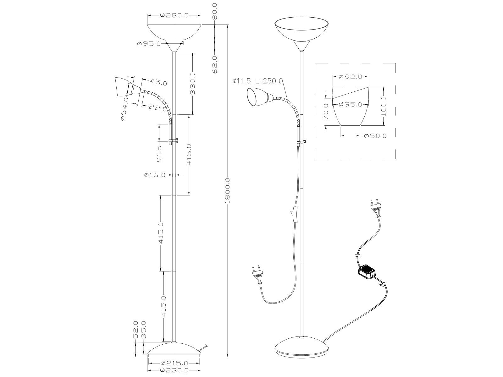 Reality Leuchten LED Deckenfluter mit flexibler Leselampe, Höhe 180cm, getrennt schaltbar, LED wechselbar, Warmweiß, Stehlampe mit Leselicht zum lesen Designkla – Bild 5 von 5