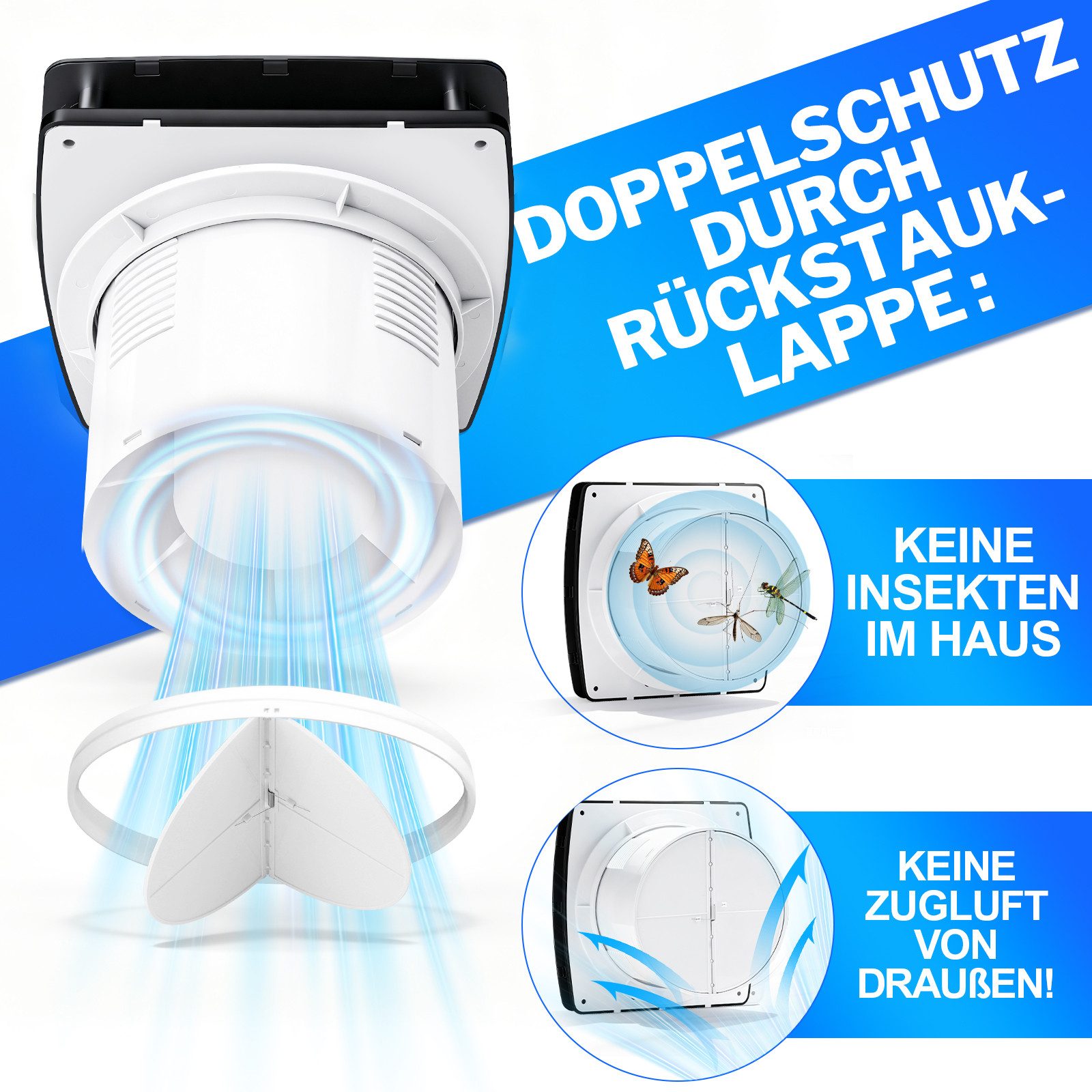 XERSEK Badlüfter 6" Wandventilator Leiser Abluftventilator mit Feuchtesensor Nachlauf, 18W 240m³/h Lüfter, Rückstauklappe, 30s-30min Verzögerung einstellbar