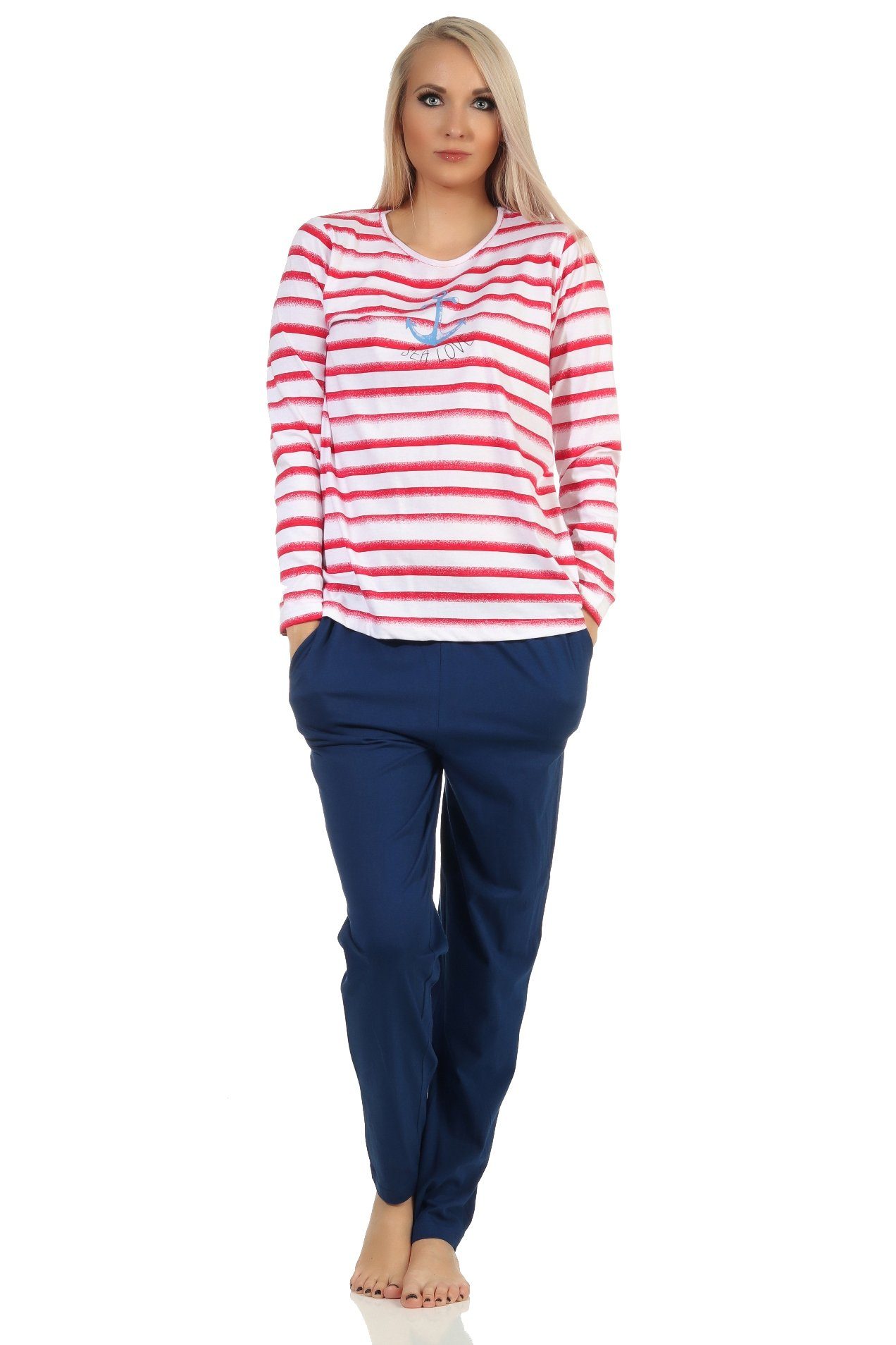 Normann Pyjama Maritimer Damen Schlafanzug mit Bündchen, Oberteil mit Anker Motiv rot