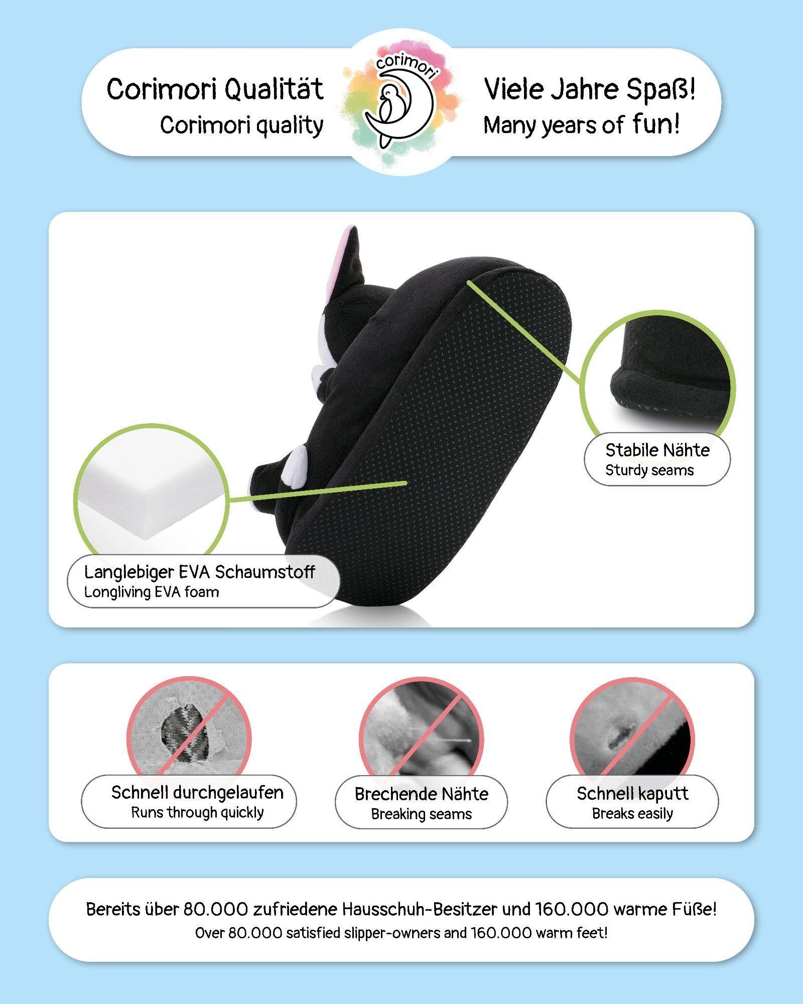 Corimori Katze Balou schwarz weiß, super warme Plüsch Hausschuhe (Packung, Geschenk) warme Tier-Pantoffeln Slipper, EU Einheitsgröße 34-44, Balou der Kater