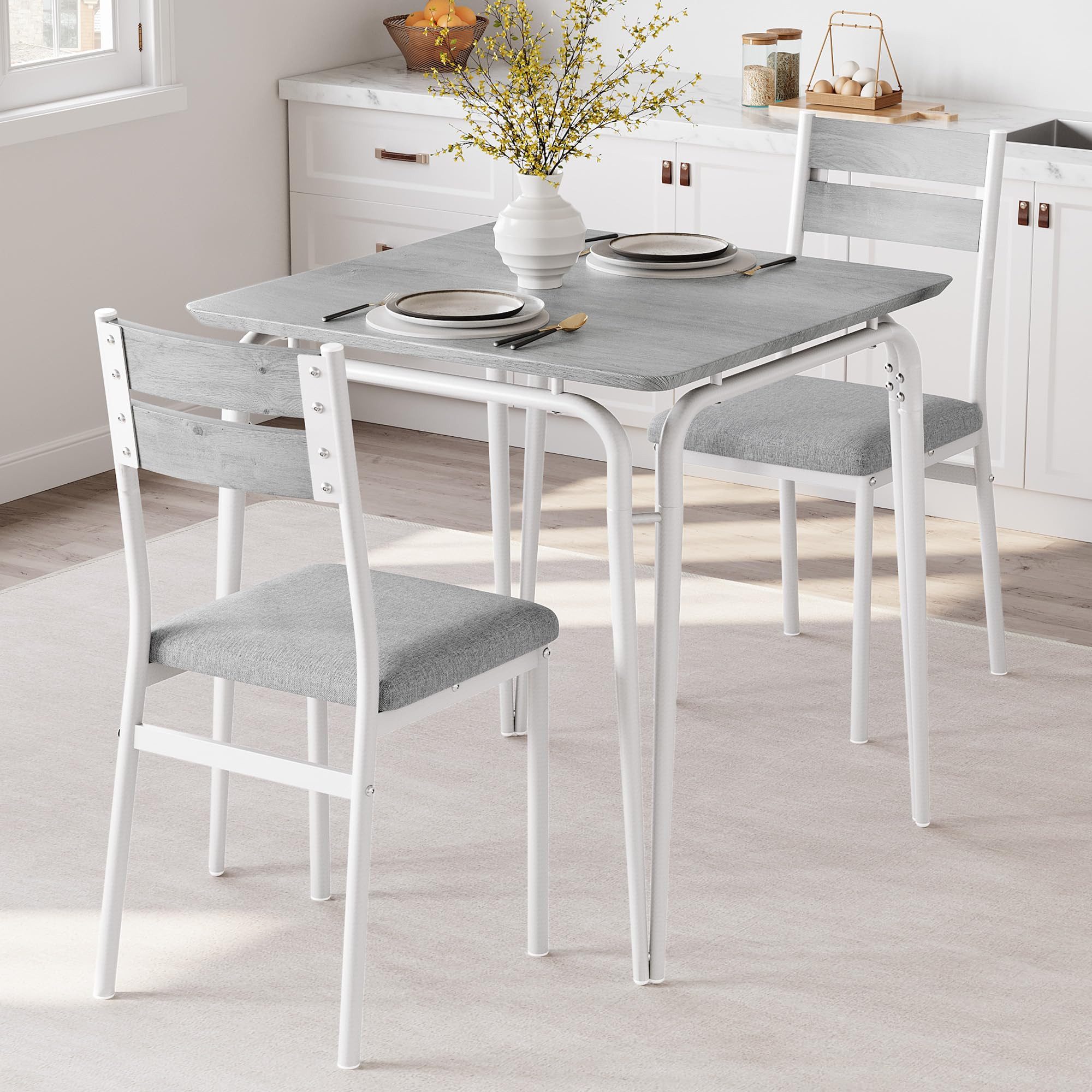GarveeMore Essgruppe Moderner Quadratischer Esstisch und Polsterstühle für 2 Personen, (1 Tisch, 2 Stuhle), Küchentisch 74 x 74 x 76 cm, Stühle 39 x 43 x 86 cm(BxTxH)