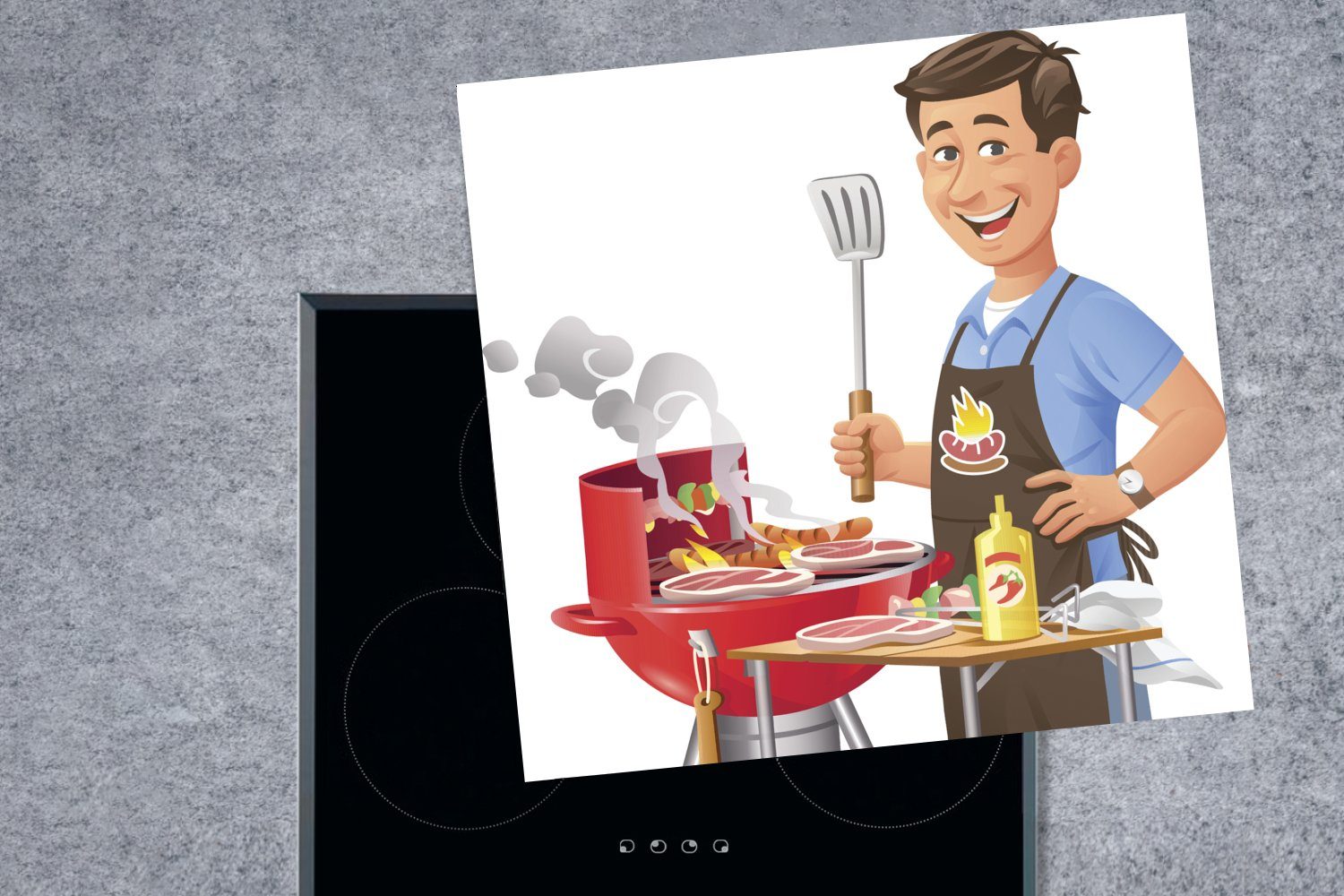 Illustration auf küche der Vinyl, Ceranfeldabdeckung, (1 cm, Arbeitsplatte Eine 78x78 Mannes, das Essen für dem MuchoWow eines Grill brät, Herdblende-/Abdeckplatte tlg),