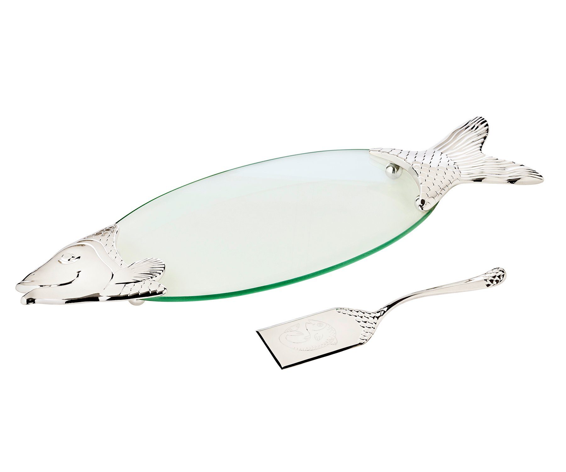 EDZARD Servierplatte Salmon, aus Glas mit versilberten Messing-Details, Fischplatte im Fisch-Design, Fischteller-Set mit Heber, Lachsplatte mit Länge 58 cm