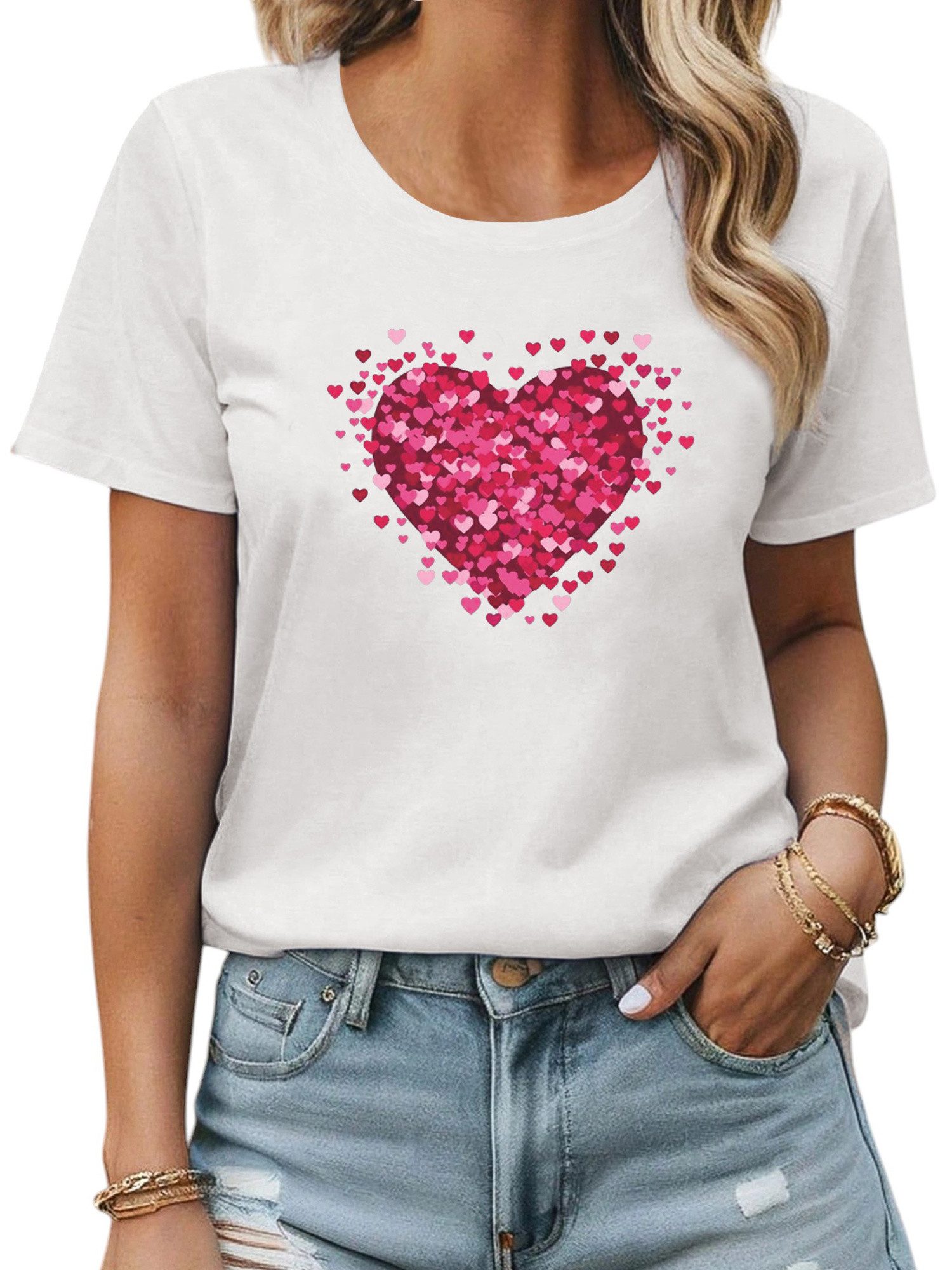 Print-Shirt Damen Sommer Kurzarm T-shirt mit Herz Ausgefallene Druck