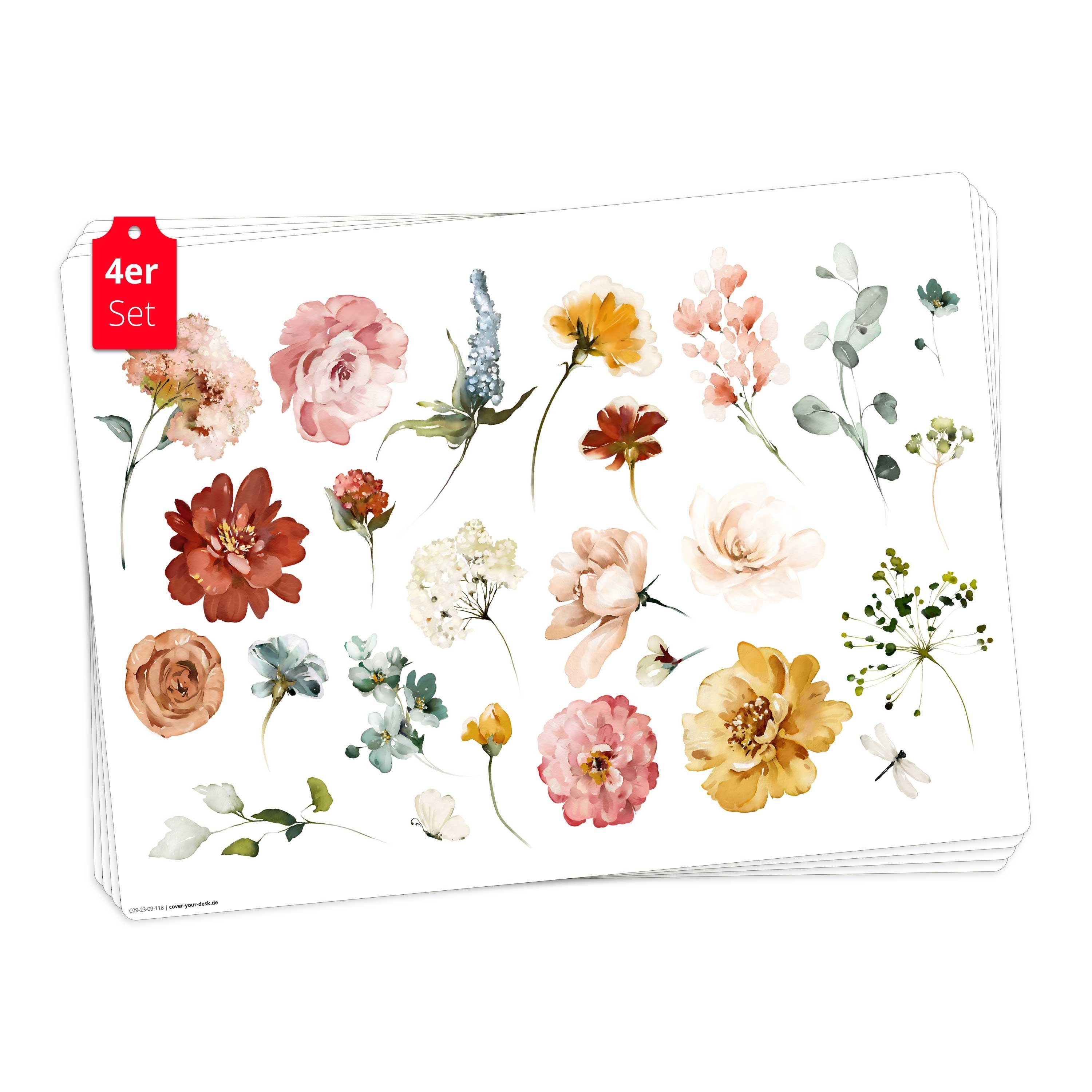 Tischsetmacher Platzset Tischset,  Platzset abwaschbar - Blüten in Aquarell, (aus erstklassigem Vinyl, 4-St., 44 x 32 cm / bunt), Made in Germany