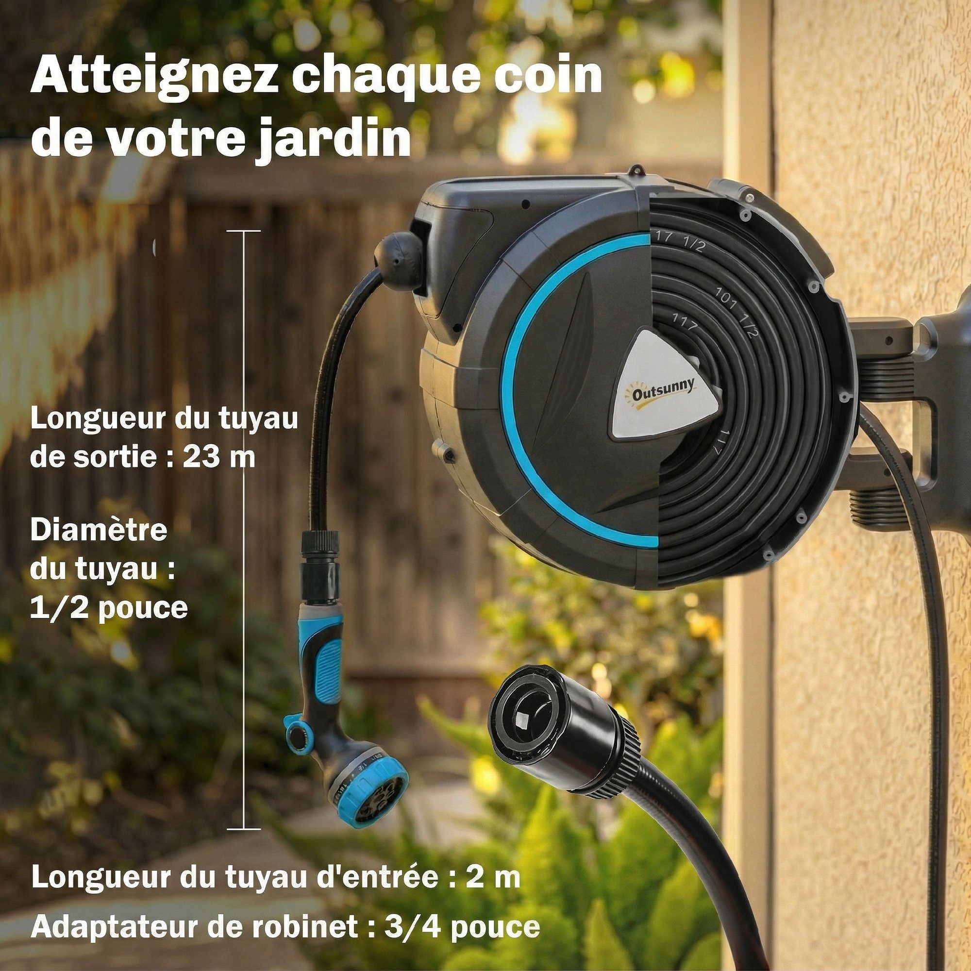 kowdom Gartenschlauch Wand-Gartenschlauchaufroller automatisch 23+2 m, 12 Sprühmodi, blau, automatischer Langsamlauf, Zugarretierung auf jeder Länge, (Schlauchaufroller, Schlauchaufroller mit Spritzpistole und 2 Düsen), automatisch, Wandmontage, 12 Sprühmodi, 23 m Schlauchlänge