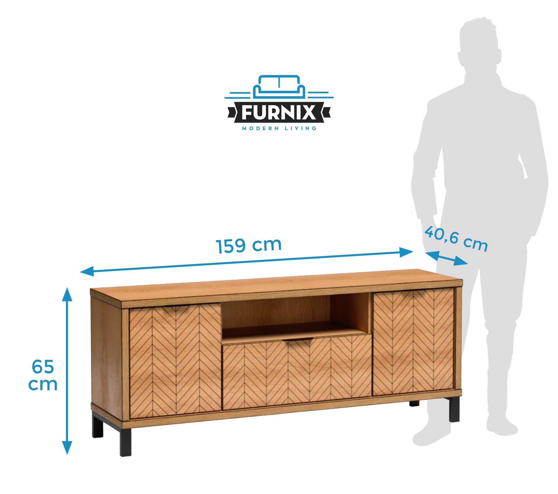 Furnix TV-Schrank FELLIO B117,5 und cm, Design T40,6 interessantes Karamelleiche Metallfüße Schublade H65 Tür x F-7 x