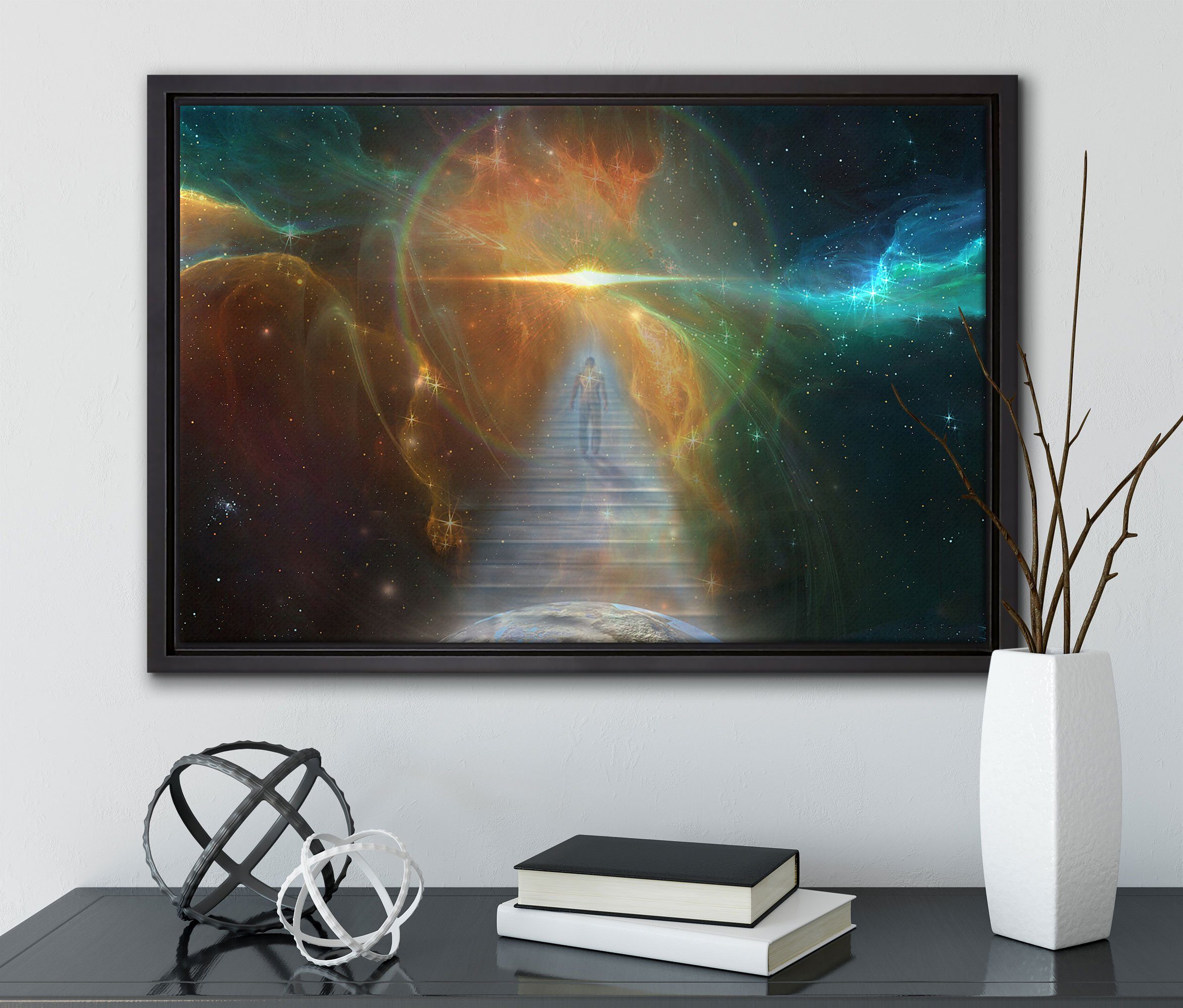 Kosmische St), (1 in Schattenfugen-Bilderrahmen bespannt, Treppe einem inkl. Pixxprint Leinwandbild gefasst, die Zackenaufhänger Wanddekoration fertig Galaxis, Leinwandbild in