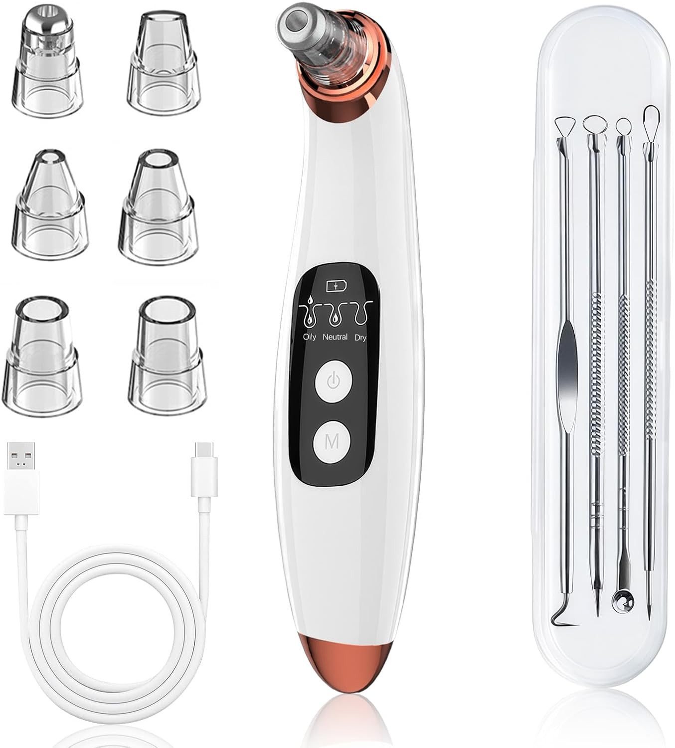 LaCute Mitesserentferner Porenreiniger Gesicht elektrisch mit 3 Saugstufen und LCD-Display, Elektrischer Porenreiniger mit 6 Aufsätzen und 3 Saugstufen, Elektrischer Porenreiniger mit 6 Aufsätzen, LCD-Display 3 Saugstufen, 3 Saugstufen; 6 Aufsätze; LCD-Display; USB-wiederaufladbar; kabellos