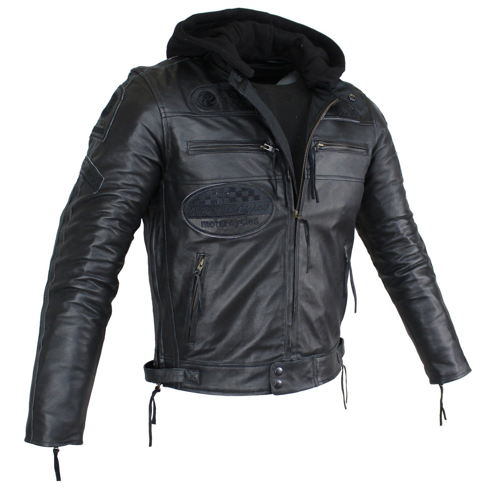 Alpha Speeds Motorradjacke Herren Leder Jacke Biker Freizeit Highway Jacke Schwarz (Trennbare Innenjacke + Kapuze) aus weichem Lammleder, mit herausnehmbare Protektoren